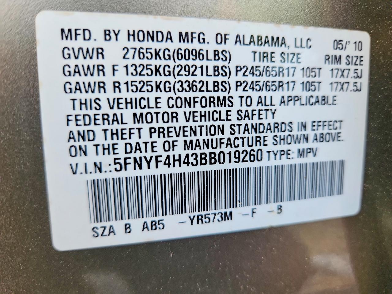 2011 Honda Pilot Ex Beige vin: 5FNYF4H43BB019260