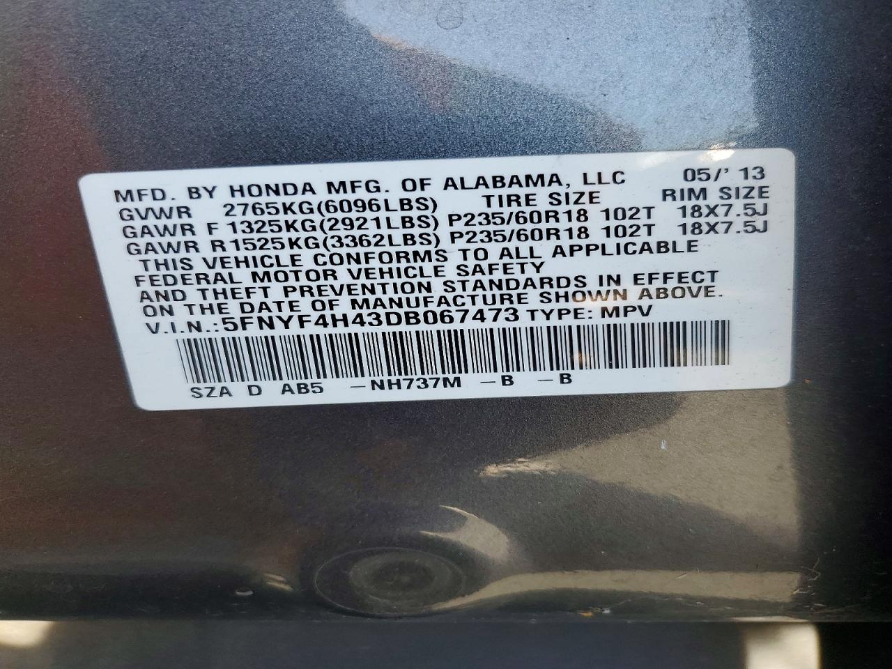 2013 Honda Pilot Ex Gray vin: 5FNYF4H43DB067473