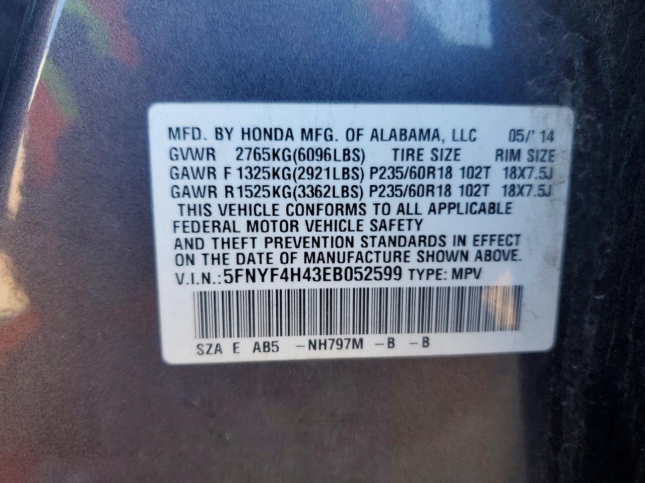 2014 Honda Pilot Ex Charcoal vin: 5FNYF4H43EB052599