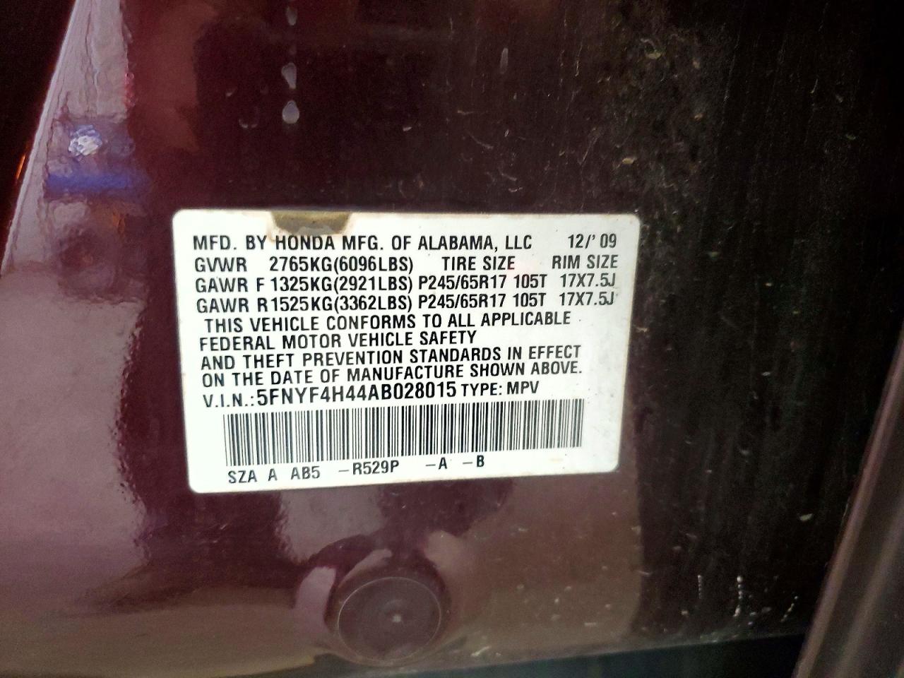2010 Honda Pilot Ex Burgundy vin: 5FNYF4H44AB028015