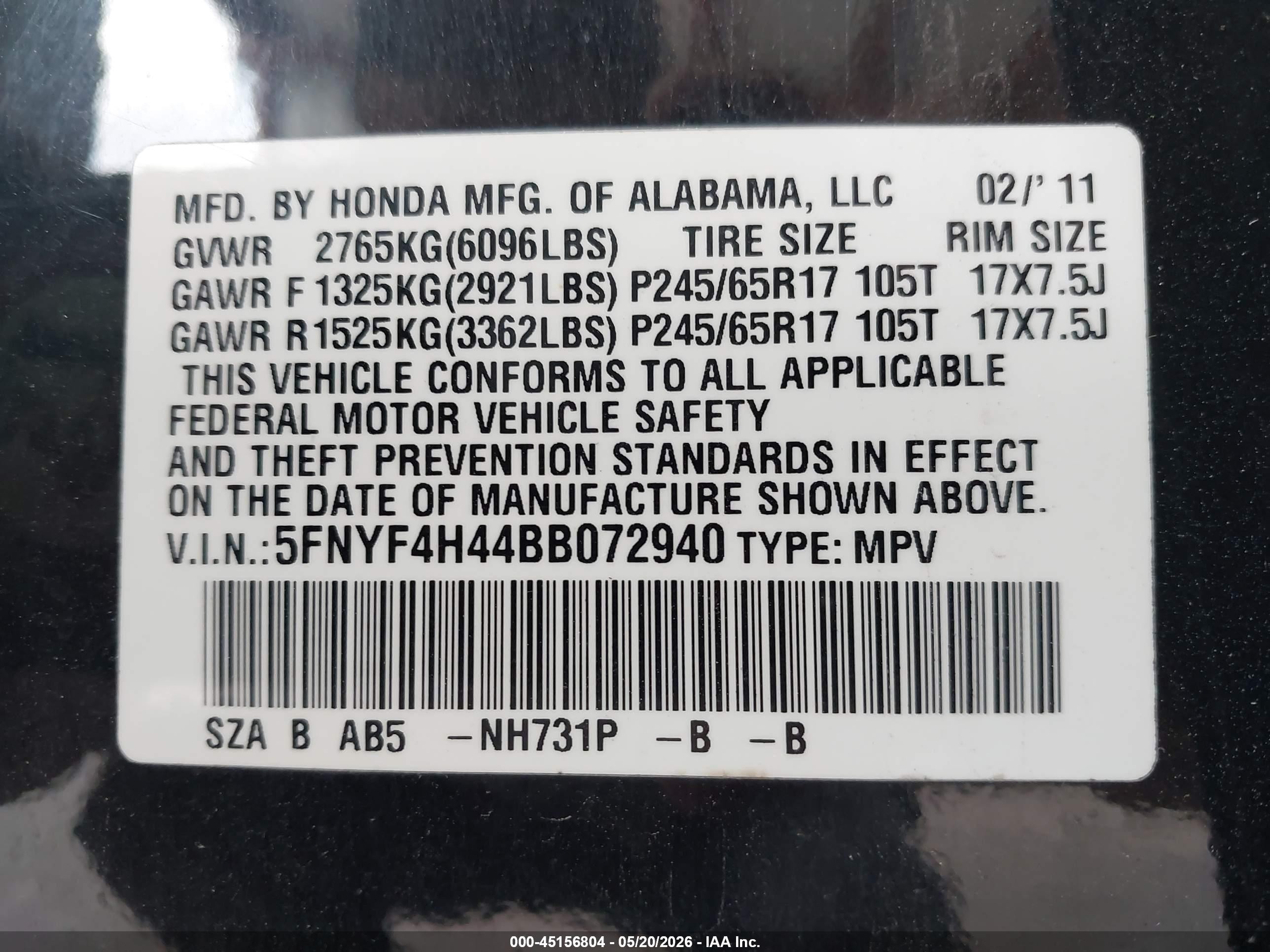 2011 Honda Pilot Ex Black vin: 5FNYF4H44BB072940
