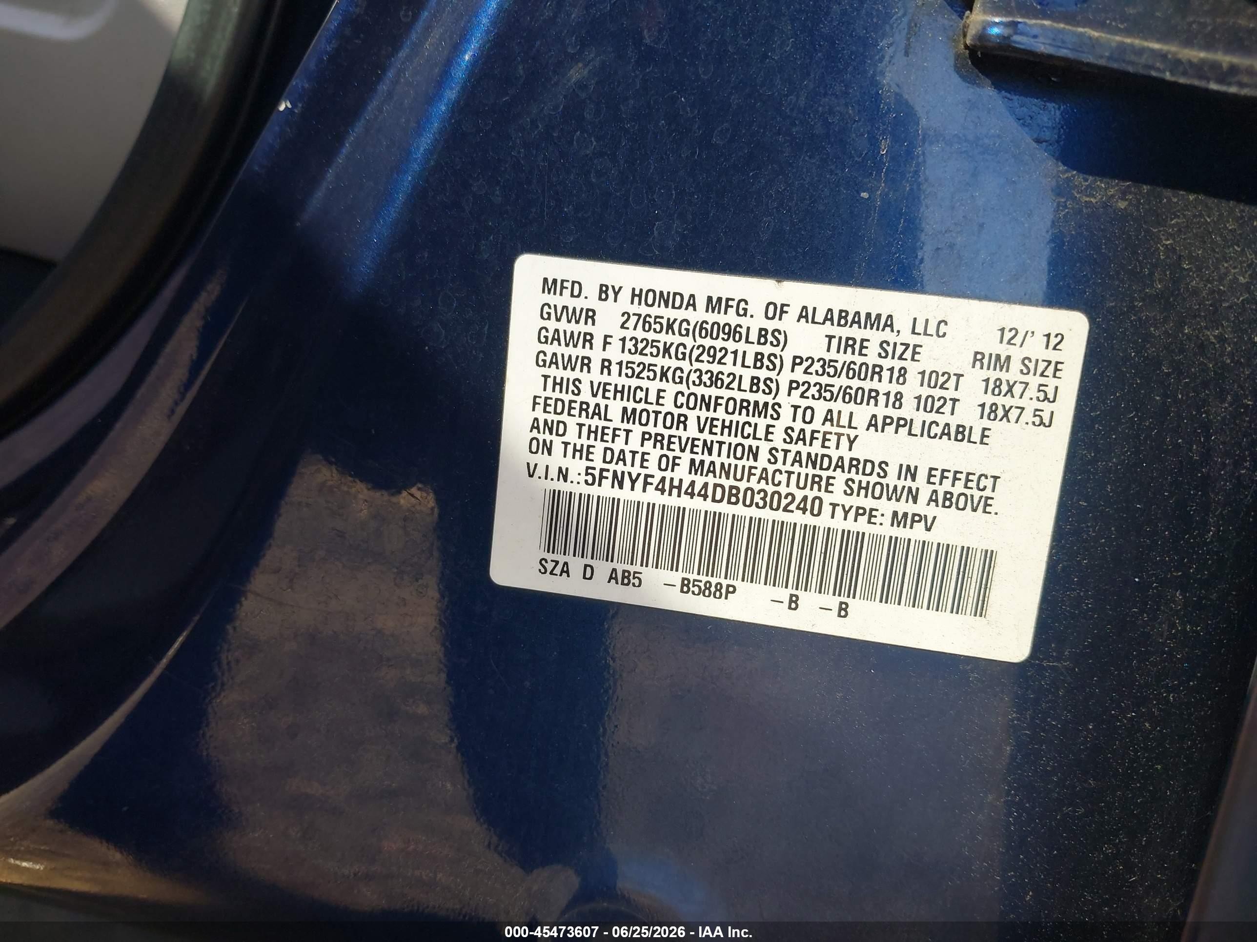 2013 Honda Pilot Ex Синий vin: 5FNYF4H44DB030240