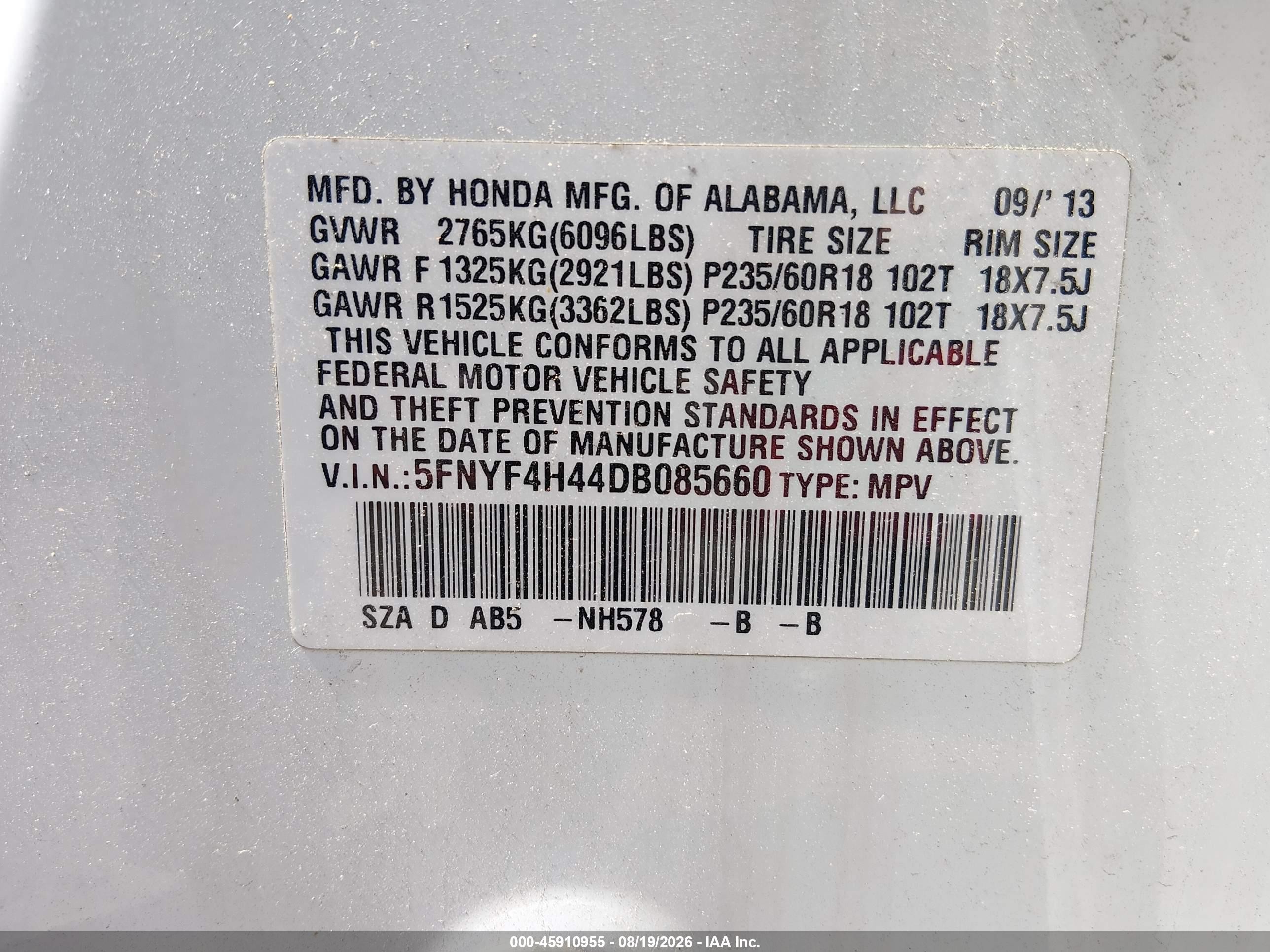 2013 Honda Pilot Ex Белый vin: 5FNYF4H44DB085660