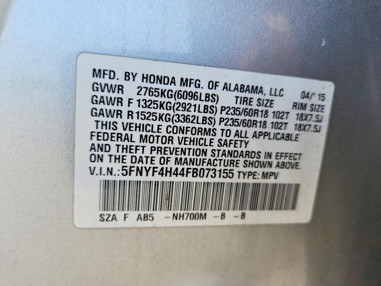 2015 Honda Pilot Ex Silver vin: 5FNYF4H44FB073155