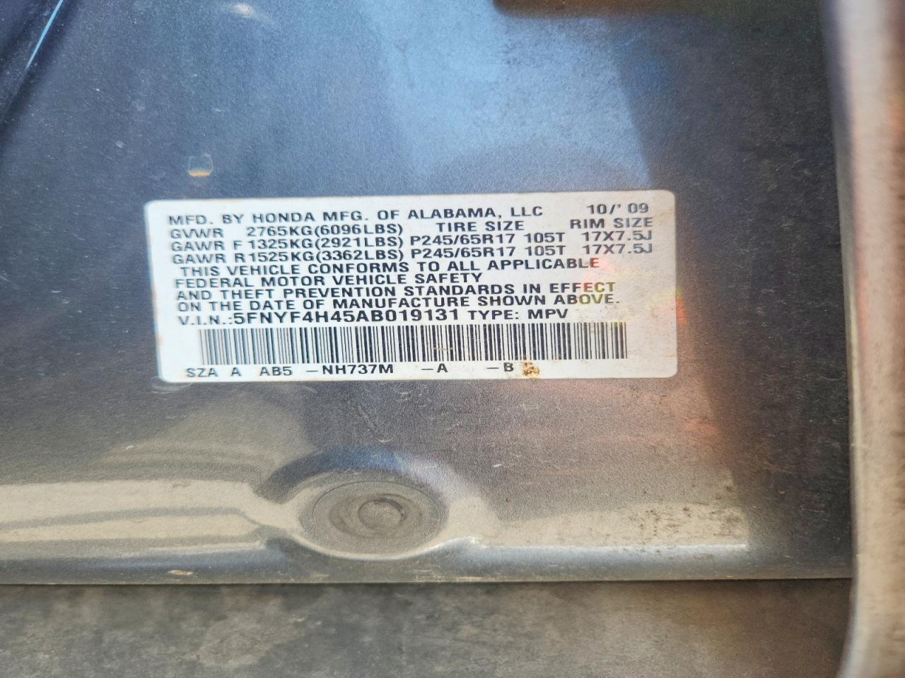 2010 Honda Pilot Ex Charcoal vin: 5FNYF4H45AB019131