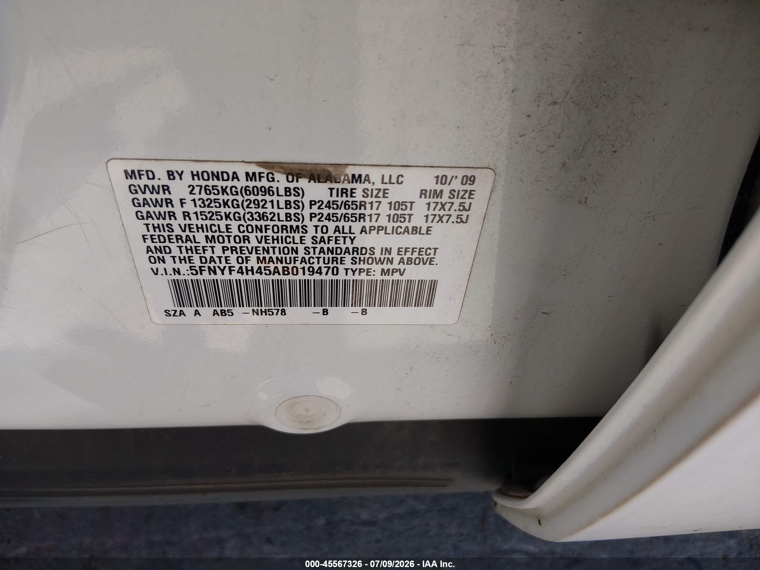 2010 Honda Pilot Ex White vin: 5FNYF4H45AB019470
