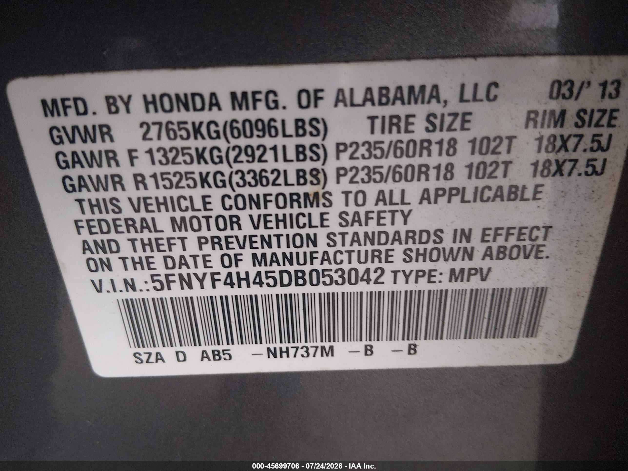 2013 Honda Pilot Ex Серый vin: 5FNYF4H45DB053042