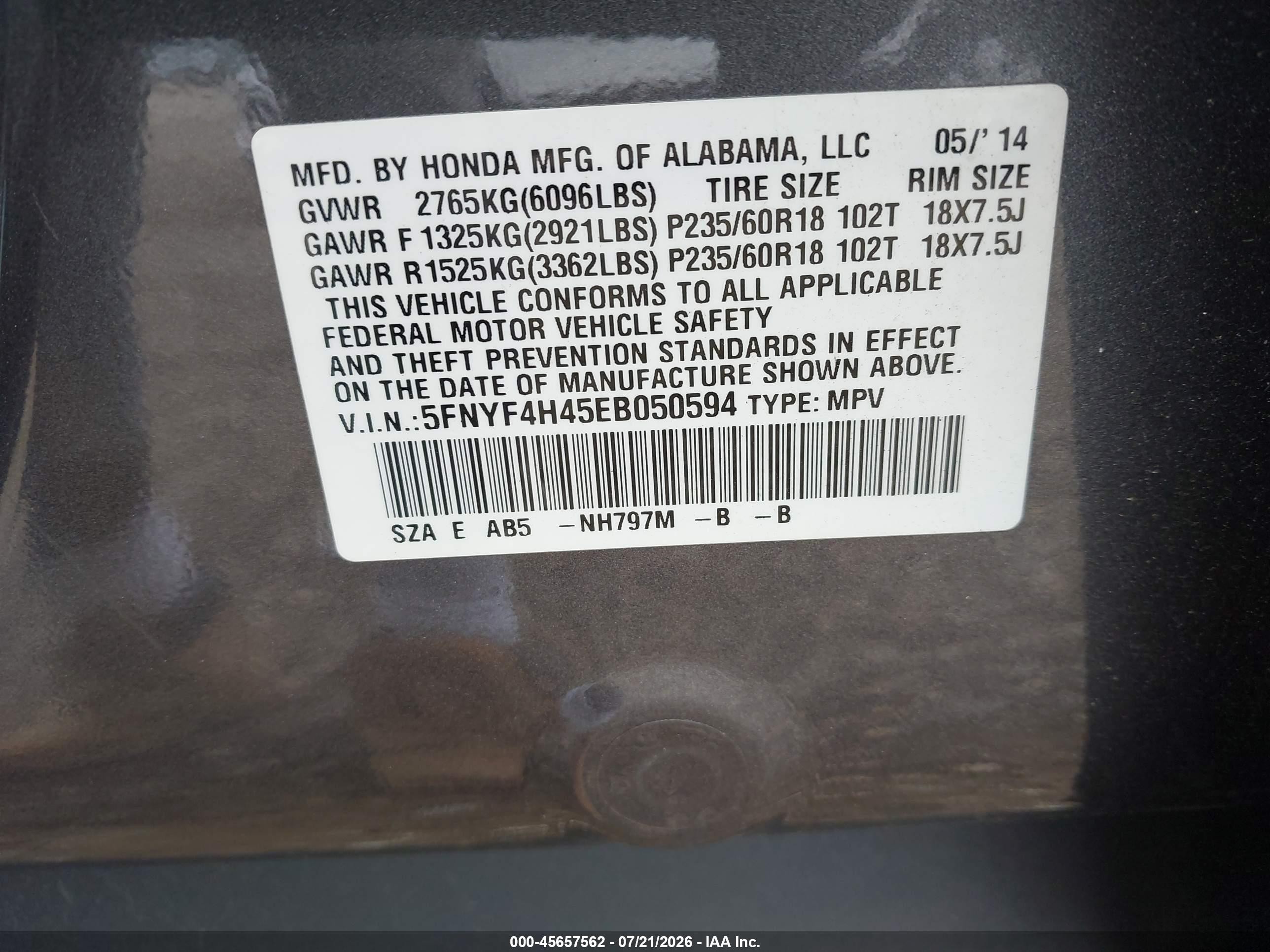 2014 Honda Pilot Ex Серый vin: 5FNYF4H45EB050594