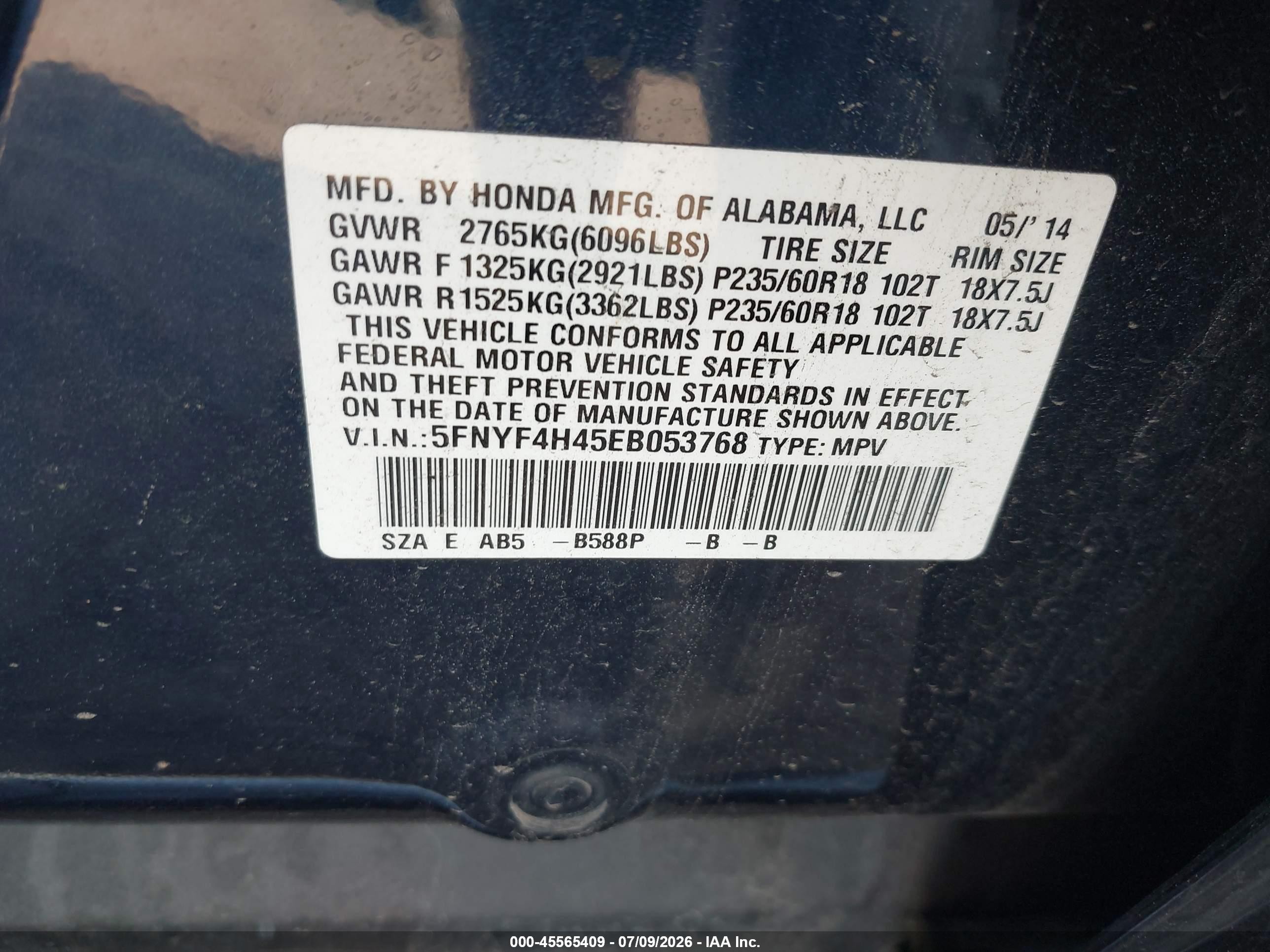 2014 Honda Pilot Ex Blue vin: 5FNYF4H45EB053768