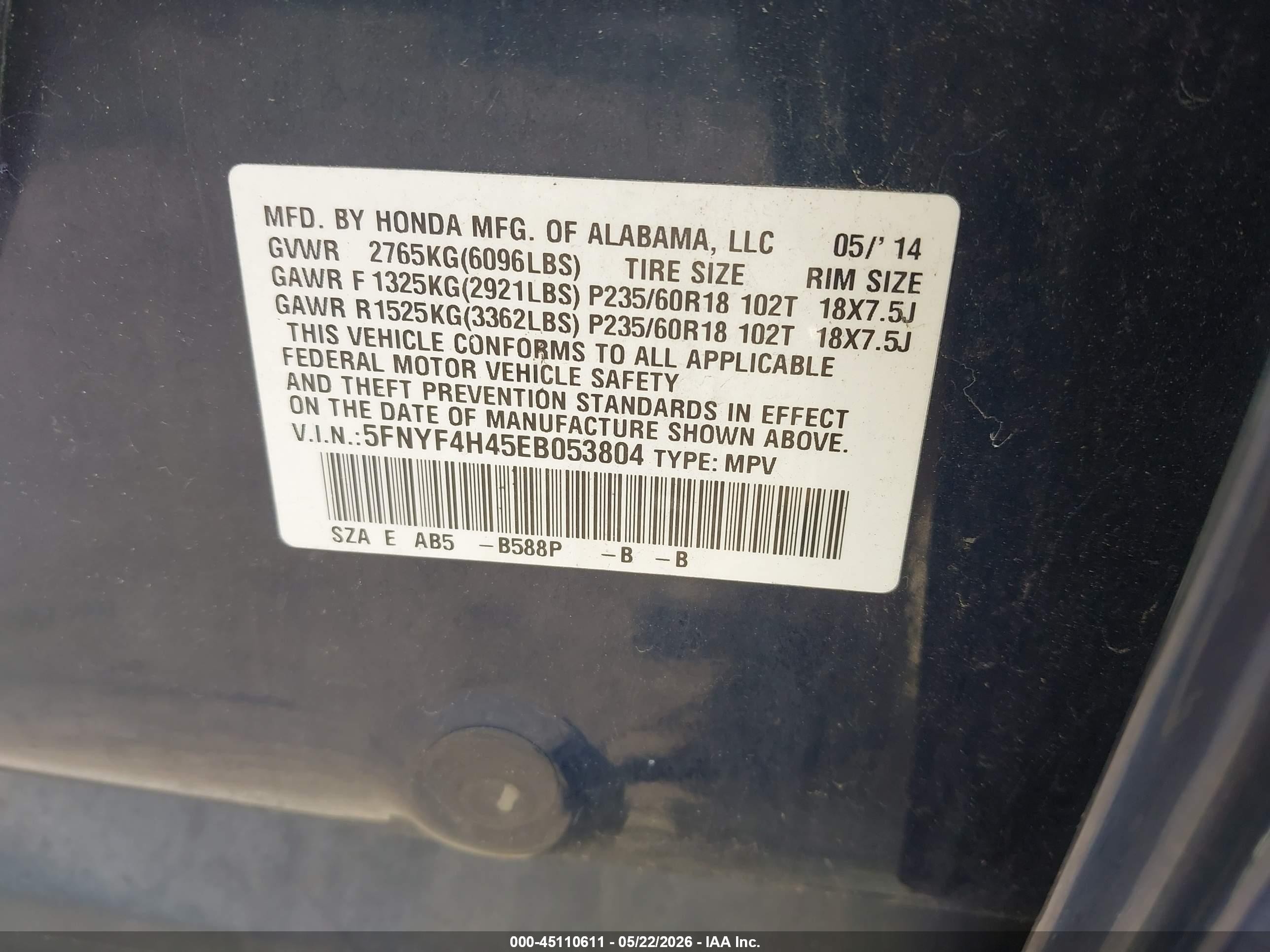 2014 Honda Pilot Ex Синий vin: 5FNYF4H45EB053804