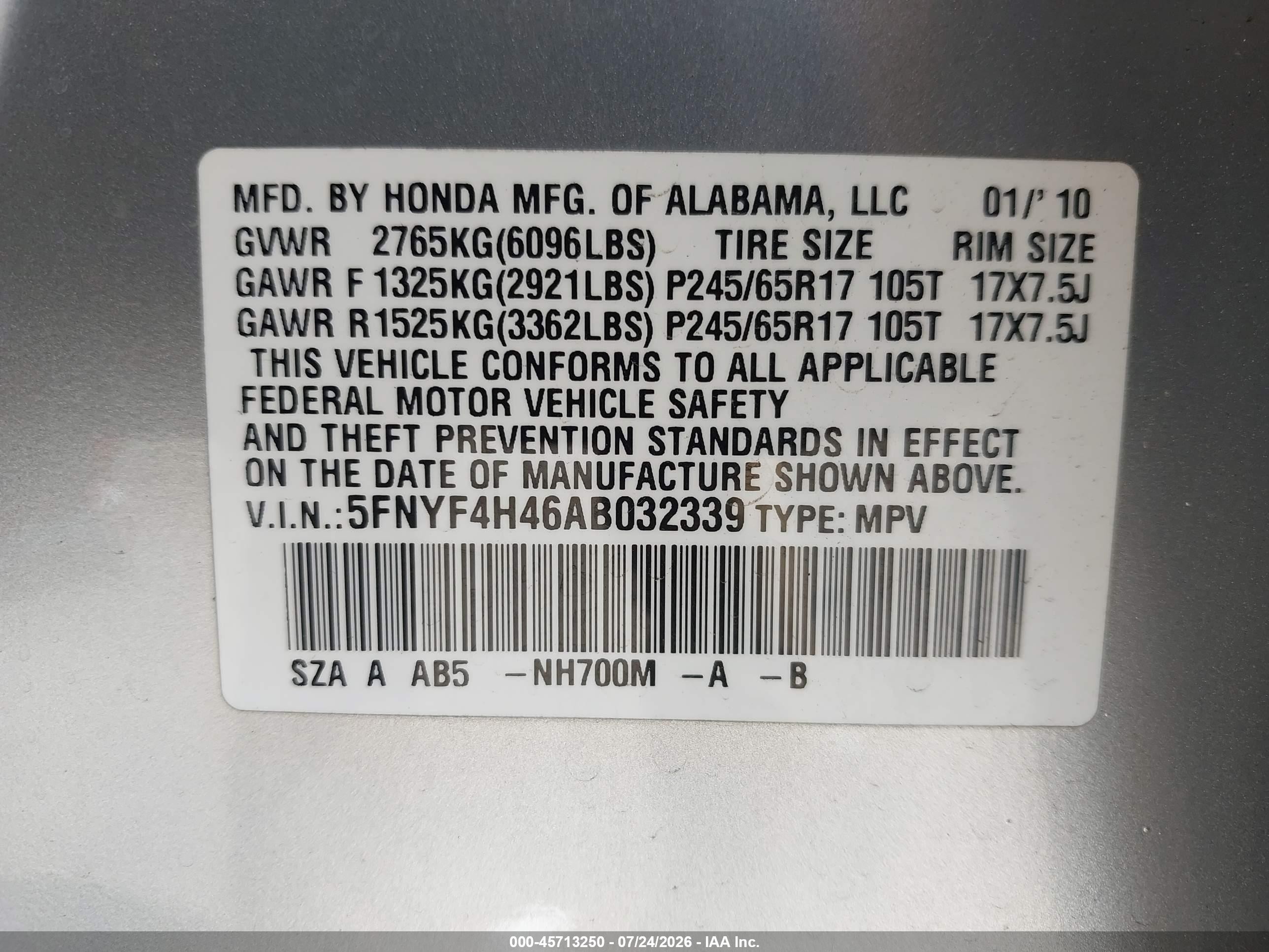 2010 Honda Pilot Ex Silver vin: 5FNYF4H46AB032339