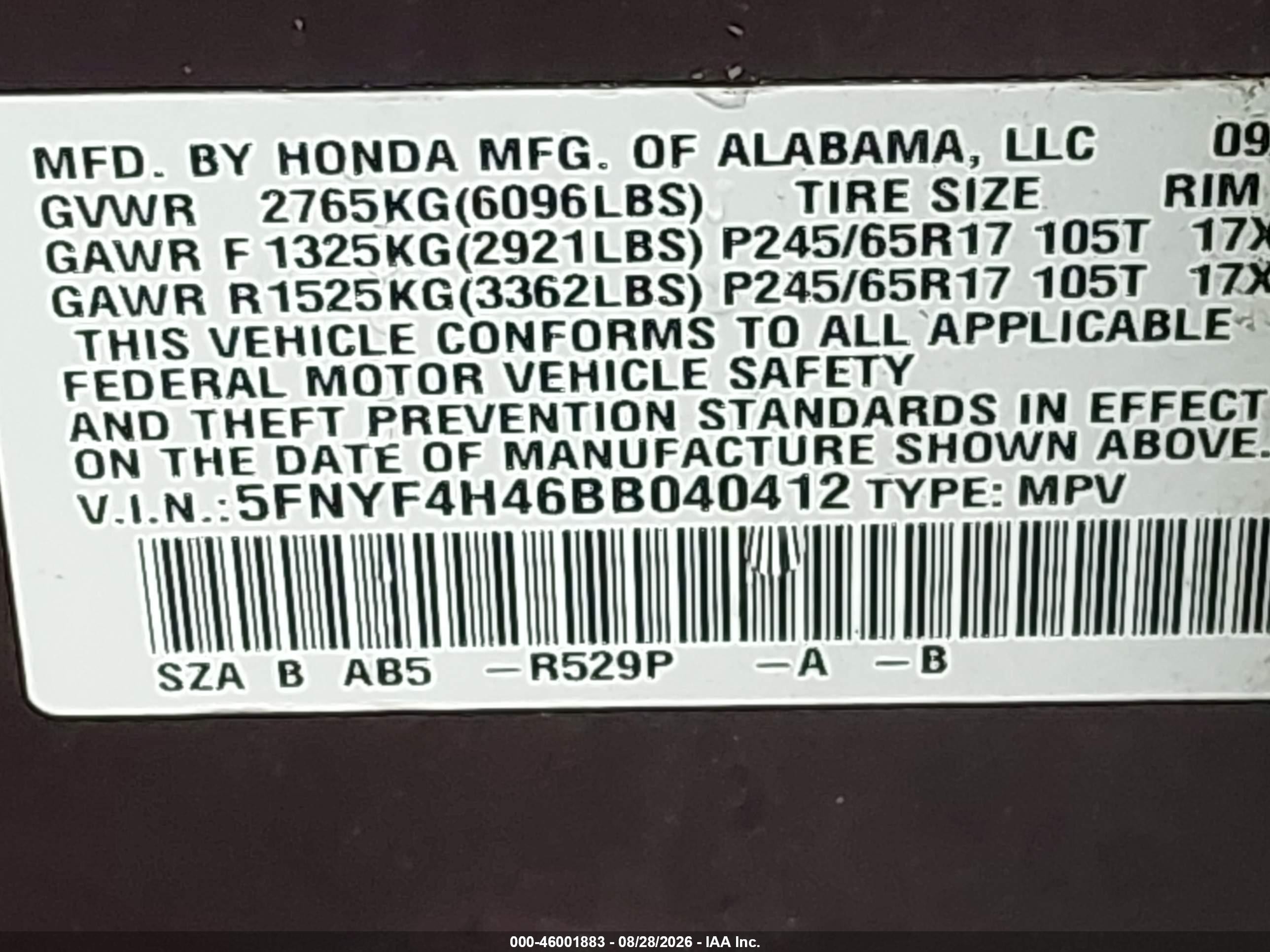 2011 Honda Pilot Ex Purple vin: 5FNYF4H46BB040412