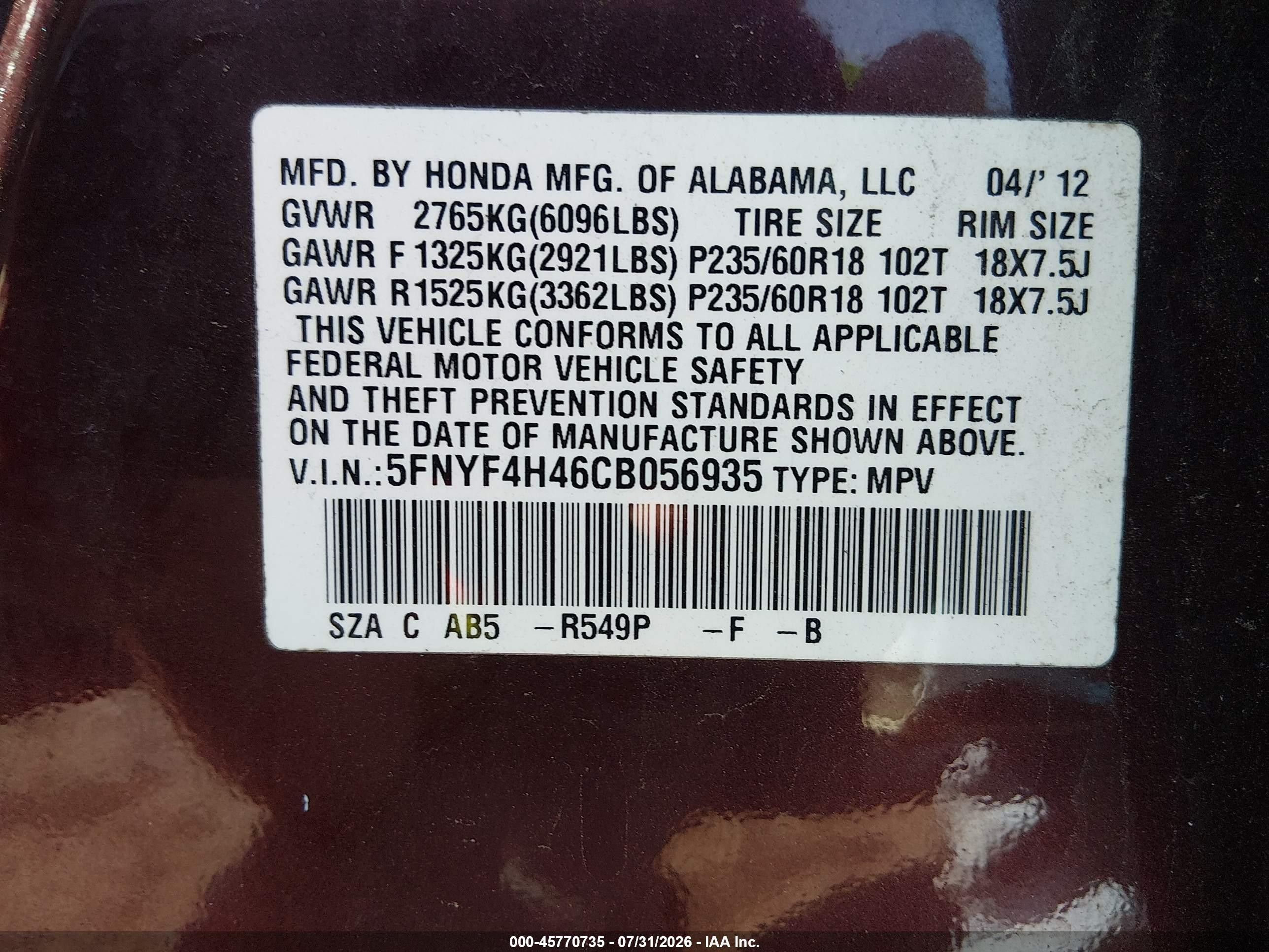 2012 Honda Pilot Ex Red vin: 5FNYF4H46CB056935