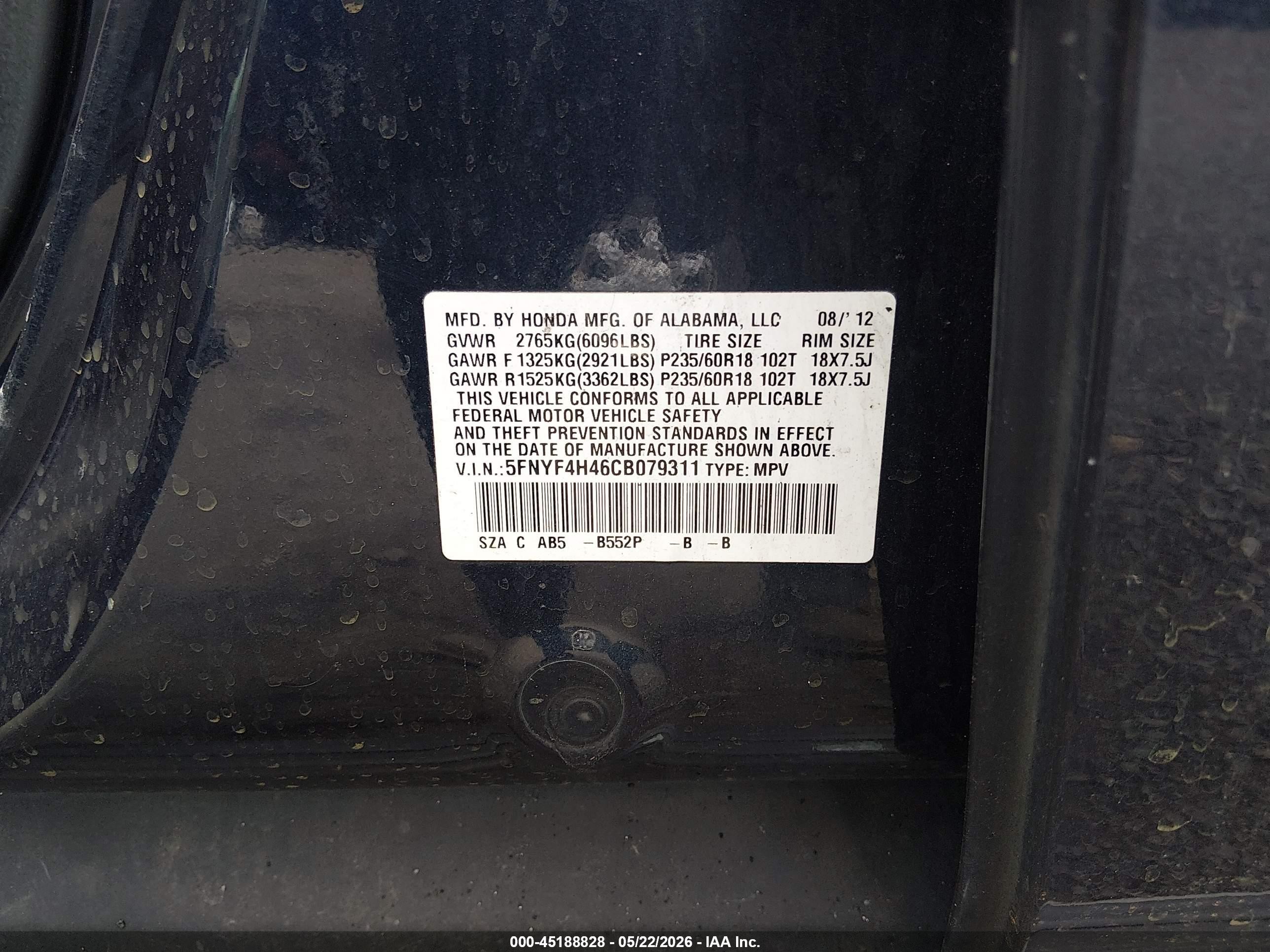 2012 Honda Pilot Ex Blue vin: 5FNYF4H46CB079311