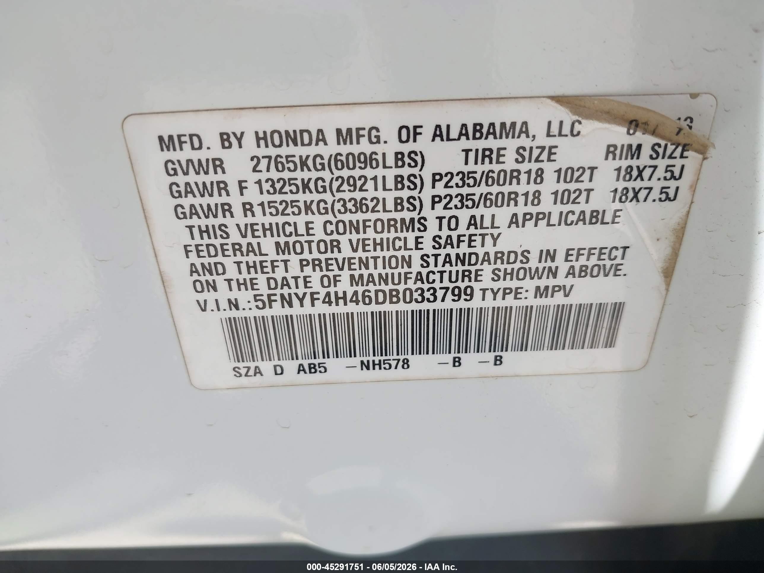 2013 Honda Pilot Ex White vin: 5FNYF4H46DB033799