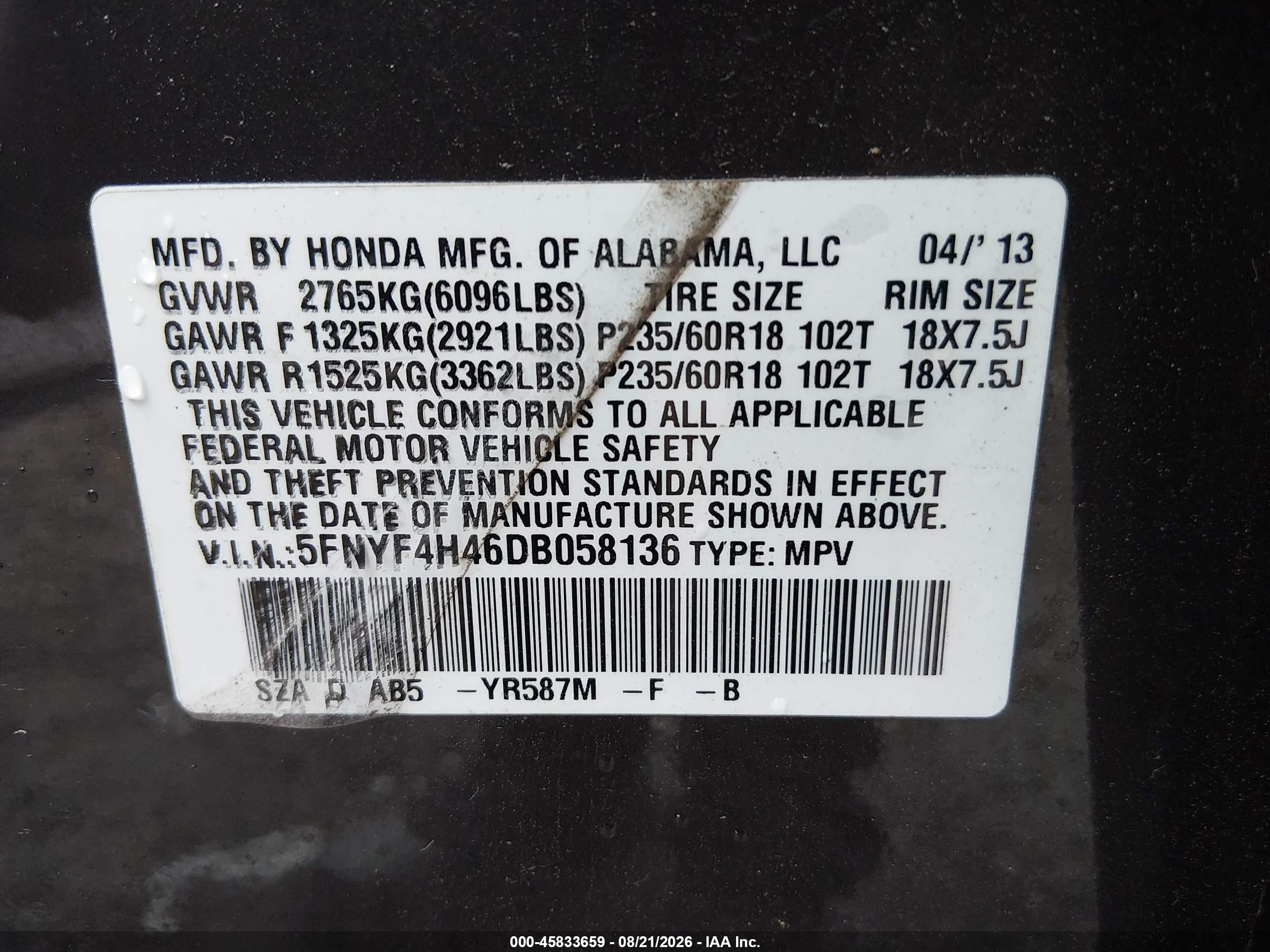 2013 Honda Pilot Ex Black vin: 5FNYF4H46DB058136