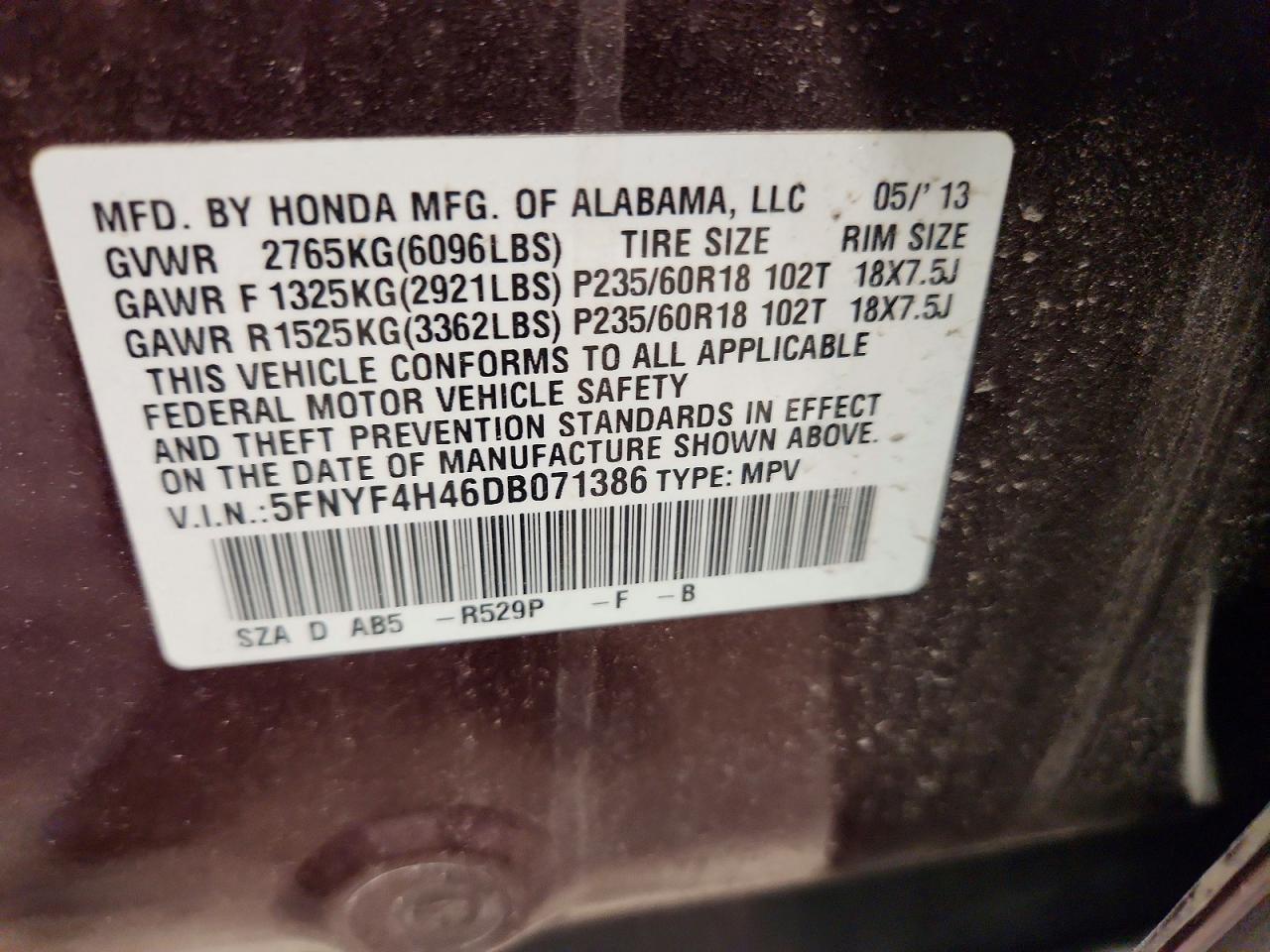 2013 Honda Pilot Ex Purple vin: 5FNYF4H46DB071386