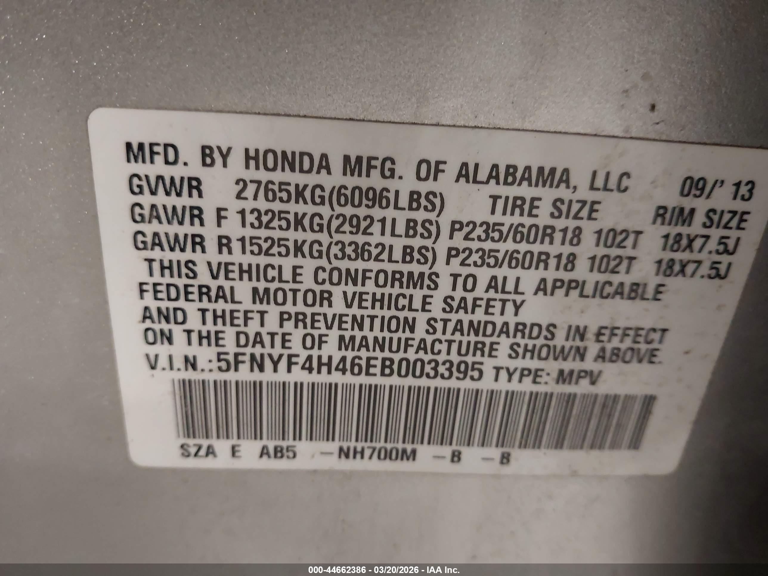 2014 Honda Pilot Ex Gray vin: 5FNYF4H46EB003395