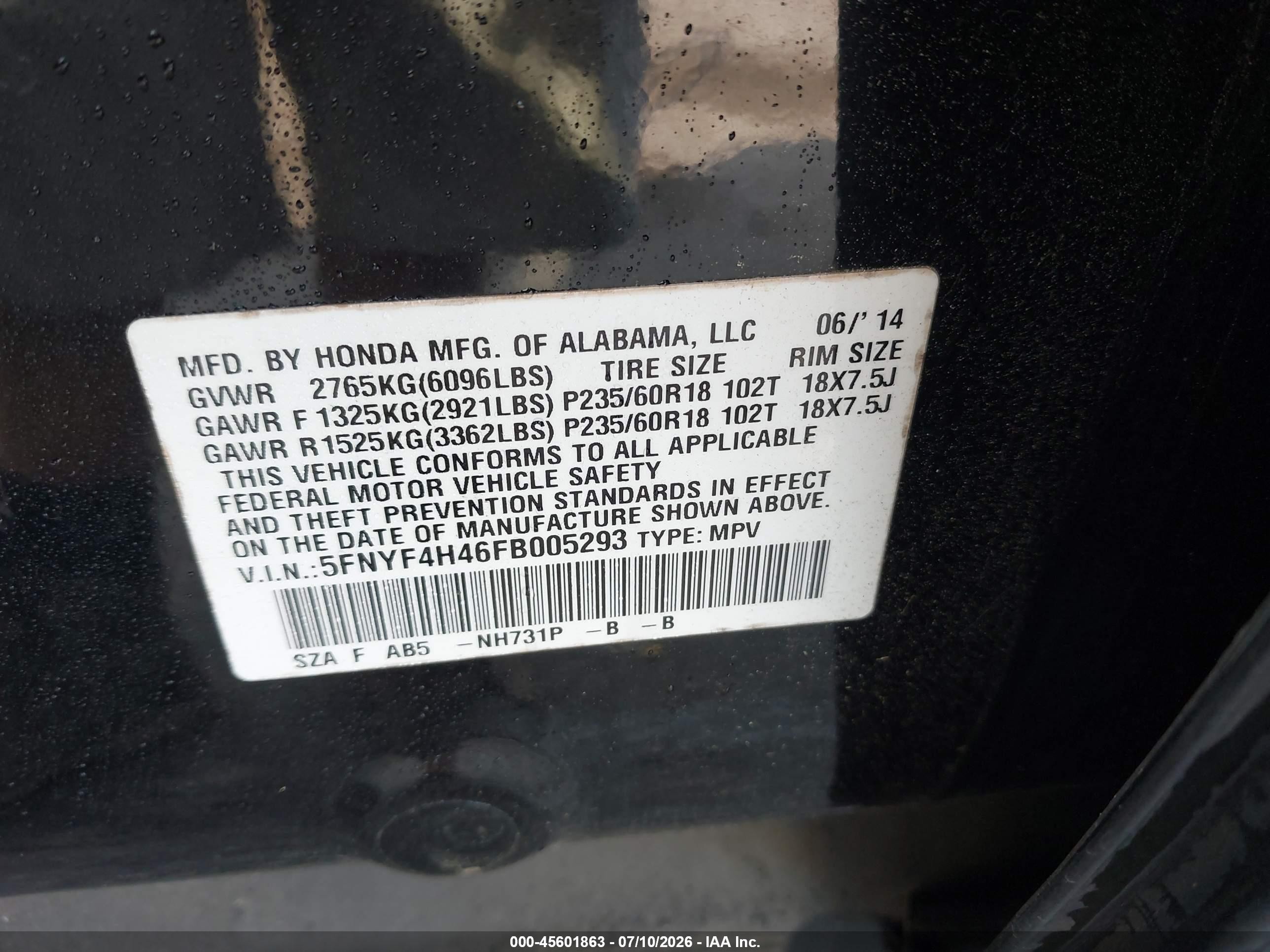 2015 Honda Pilot Ex Black vin: 5FNYF4H46FB005293