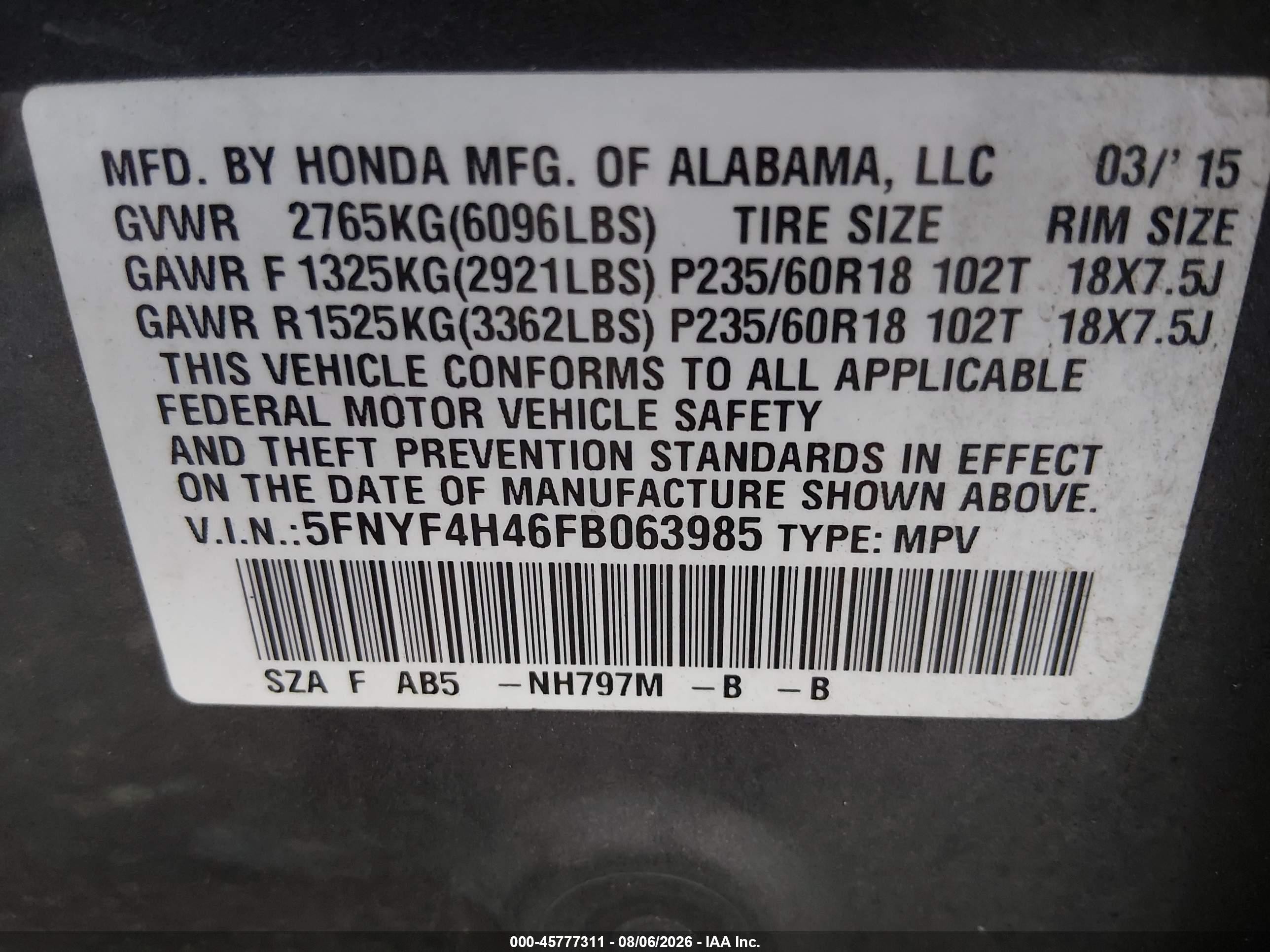2015 Honda Pilot Ex Gray vin: 5FNYF4H46FB063985