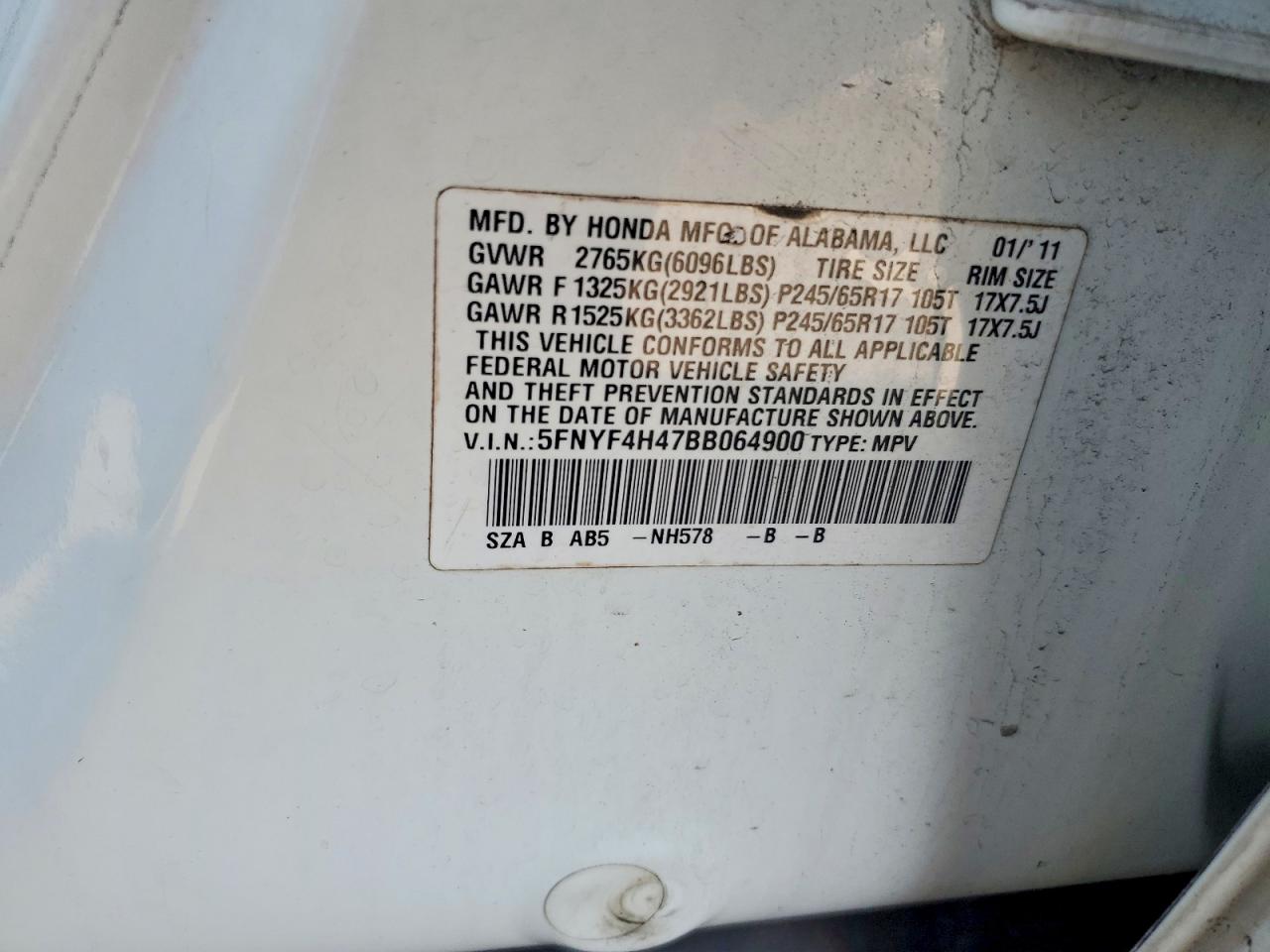 2011 Honda Pilot Ex White vin: 5FNYF4H47BB064900
