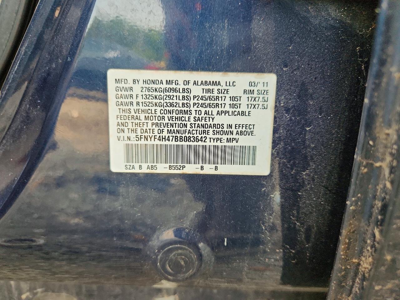 2011 Honda Pilot Ex Blue vin: 5FNYF4H47BB083642