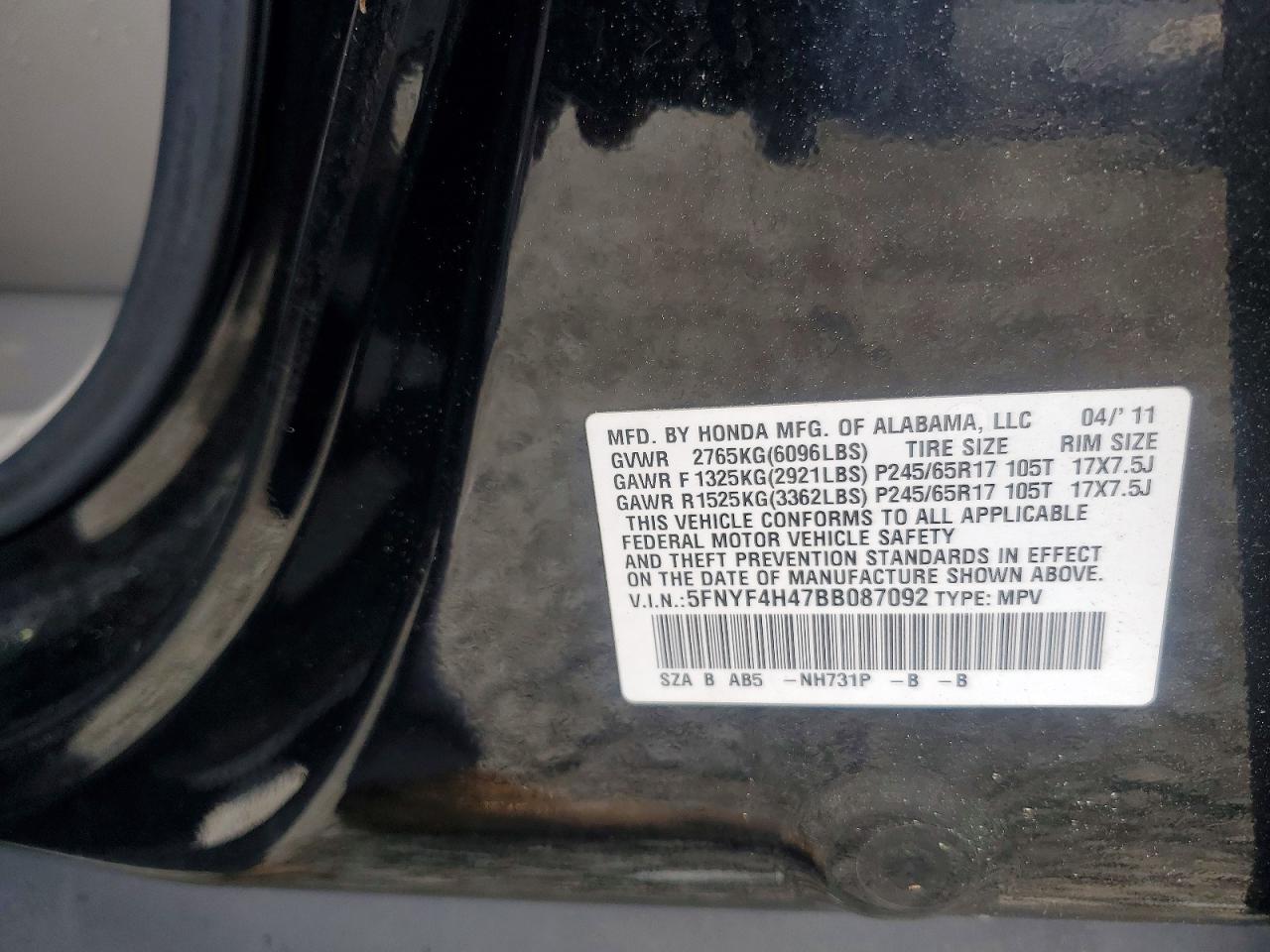 2011 Honda Pilot Ex Black vin: 5FNYF4H47BB087092