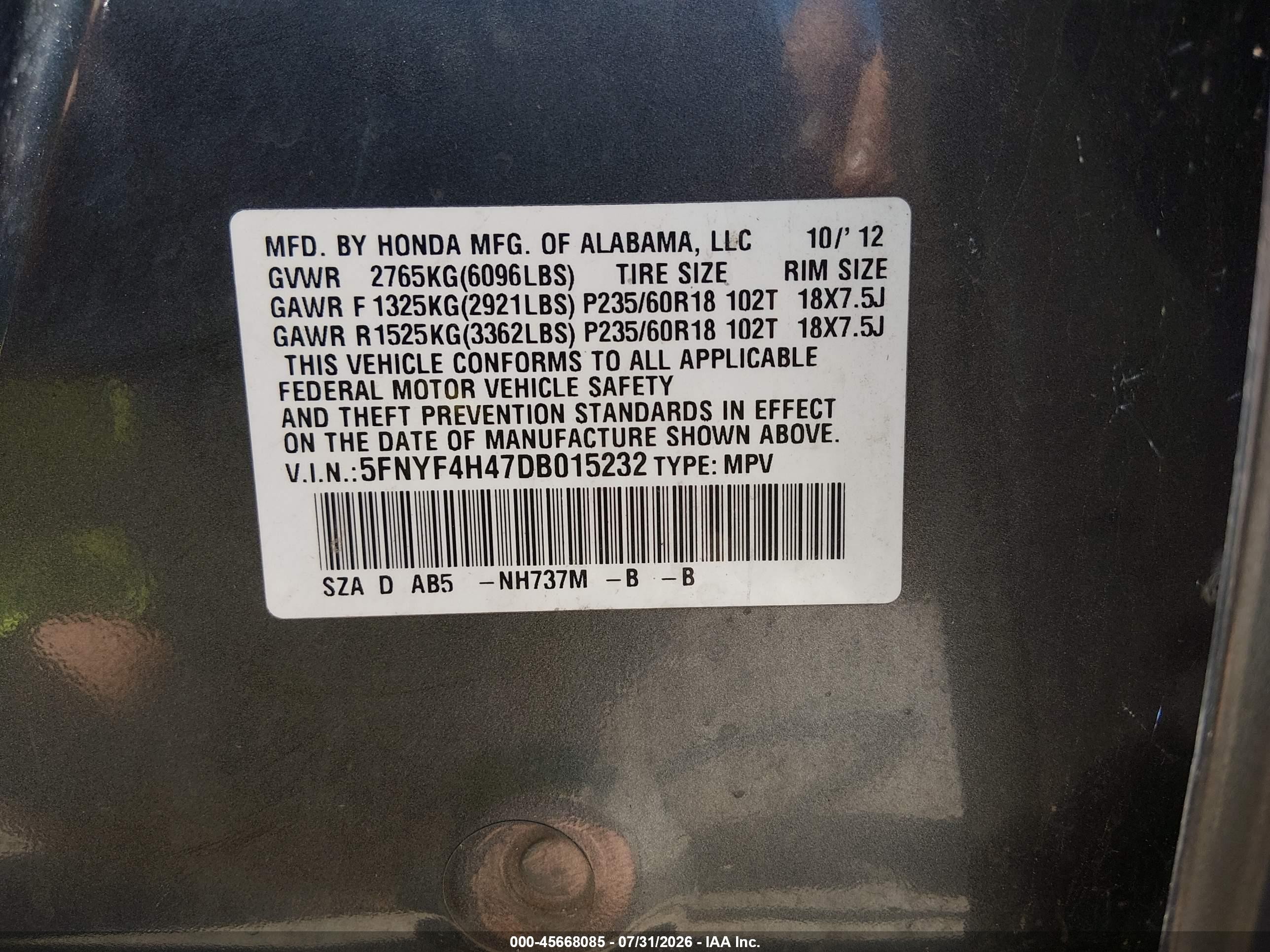 2013 Honda Pilot Ex Gray vin: 5FNYF4H47DB015232