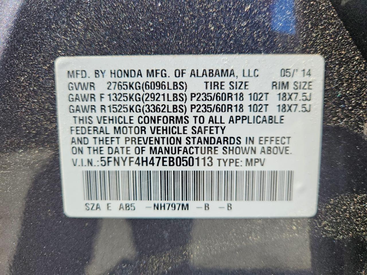 2014 Honda Pilot Ex Серый vin: 5FNYF4H47EB050113