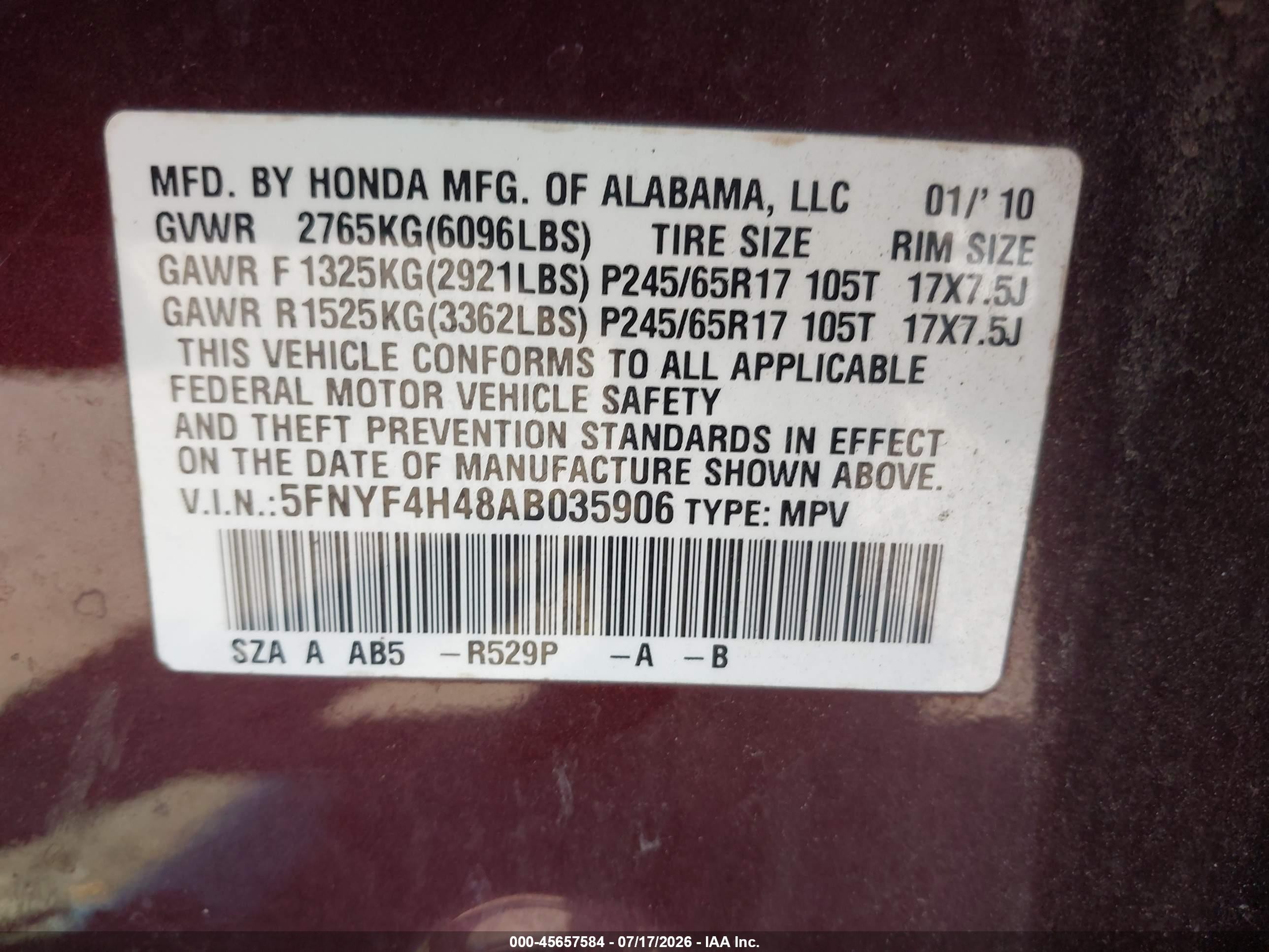 2010 Honda Pilot Ex Maroon vin: 5FNYF4H48AB035906