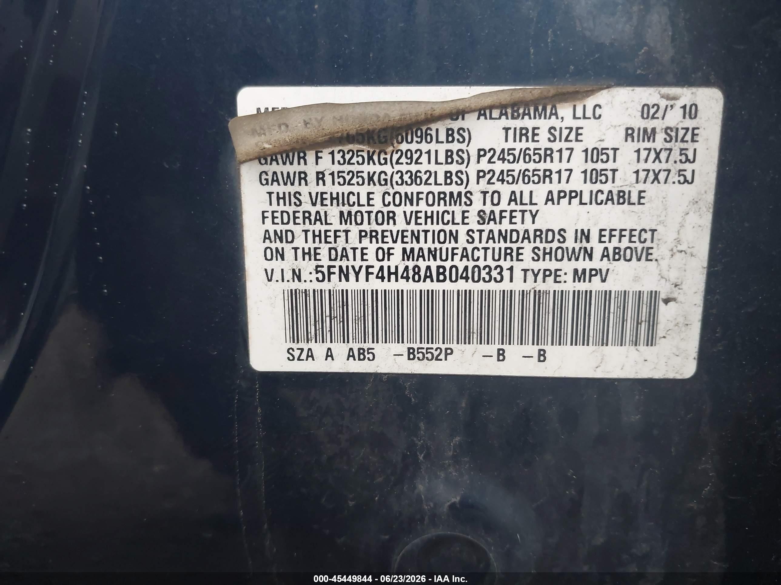 2010 Honda Pilot Ex Blue vin: 5FNYF4H48AB040331