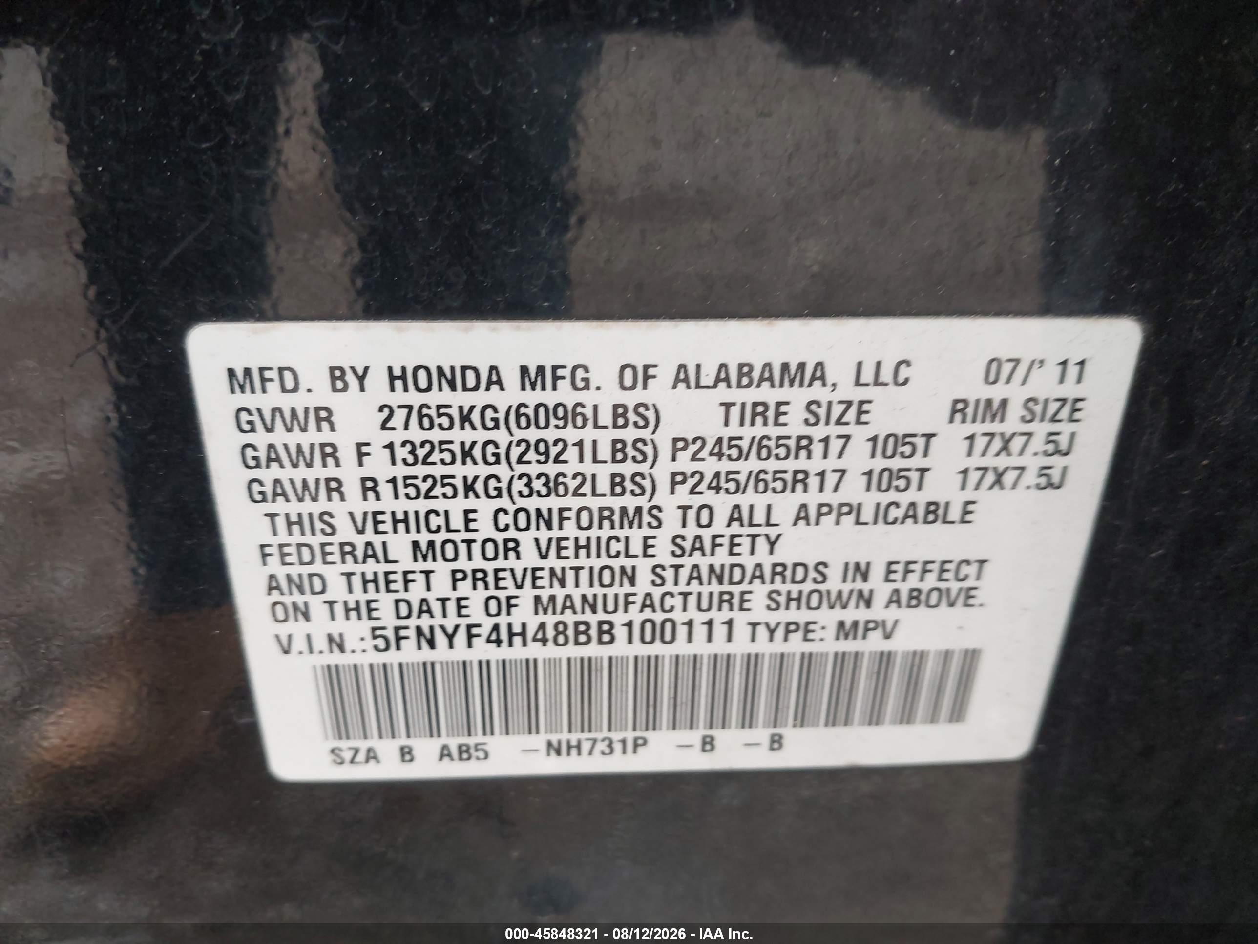2011 Honda Pilot Ex Black vin: 5FNYF4H48BB100111