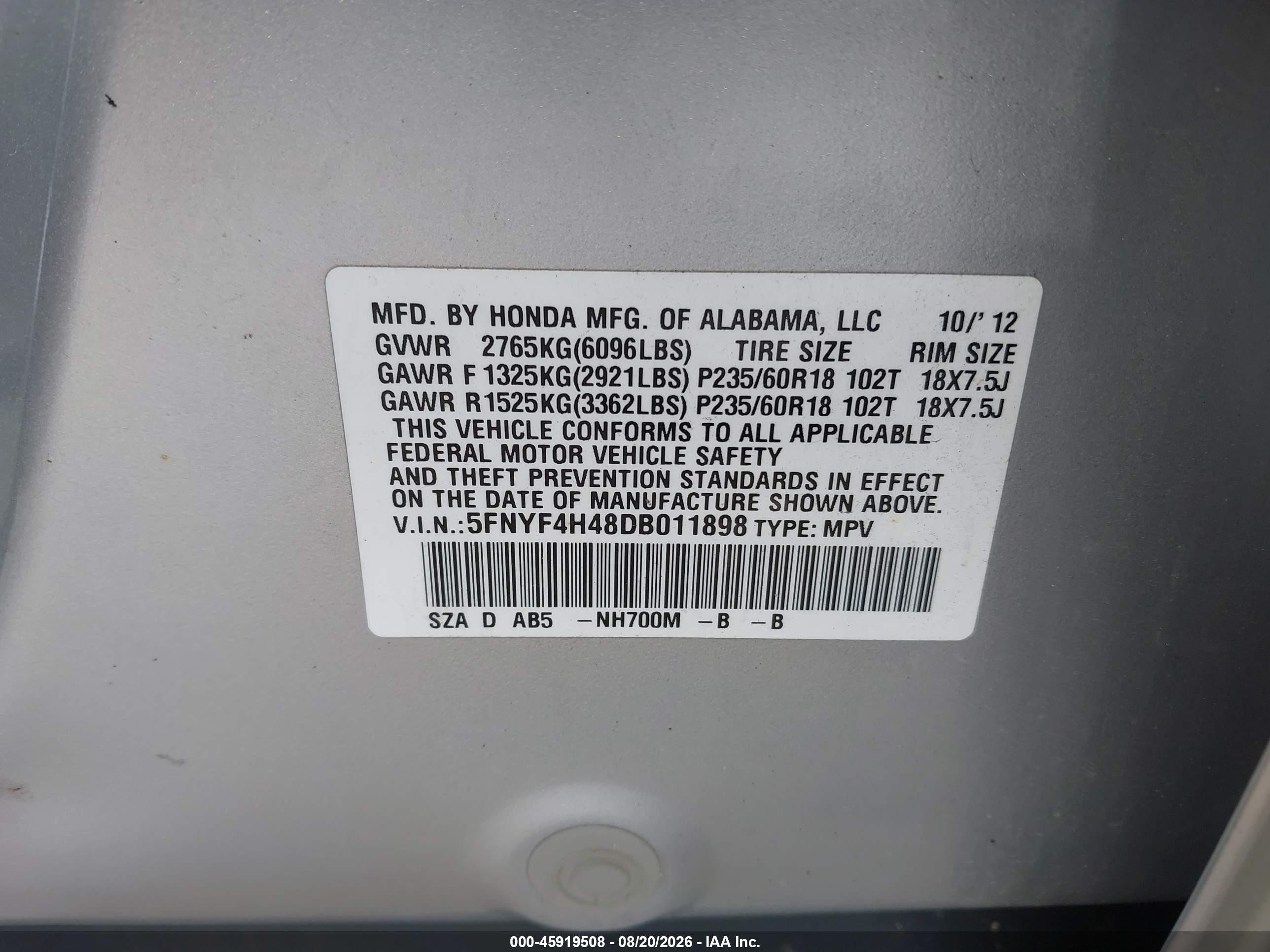 2013 Honda Pilot Ex Silver vin: 5FNYF4H48DB011898