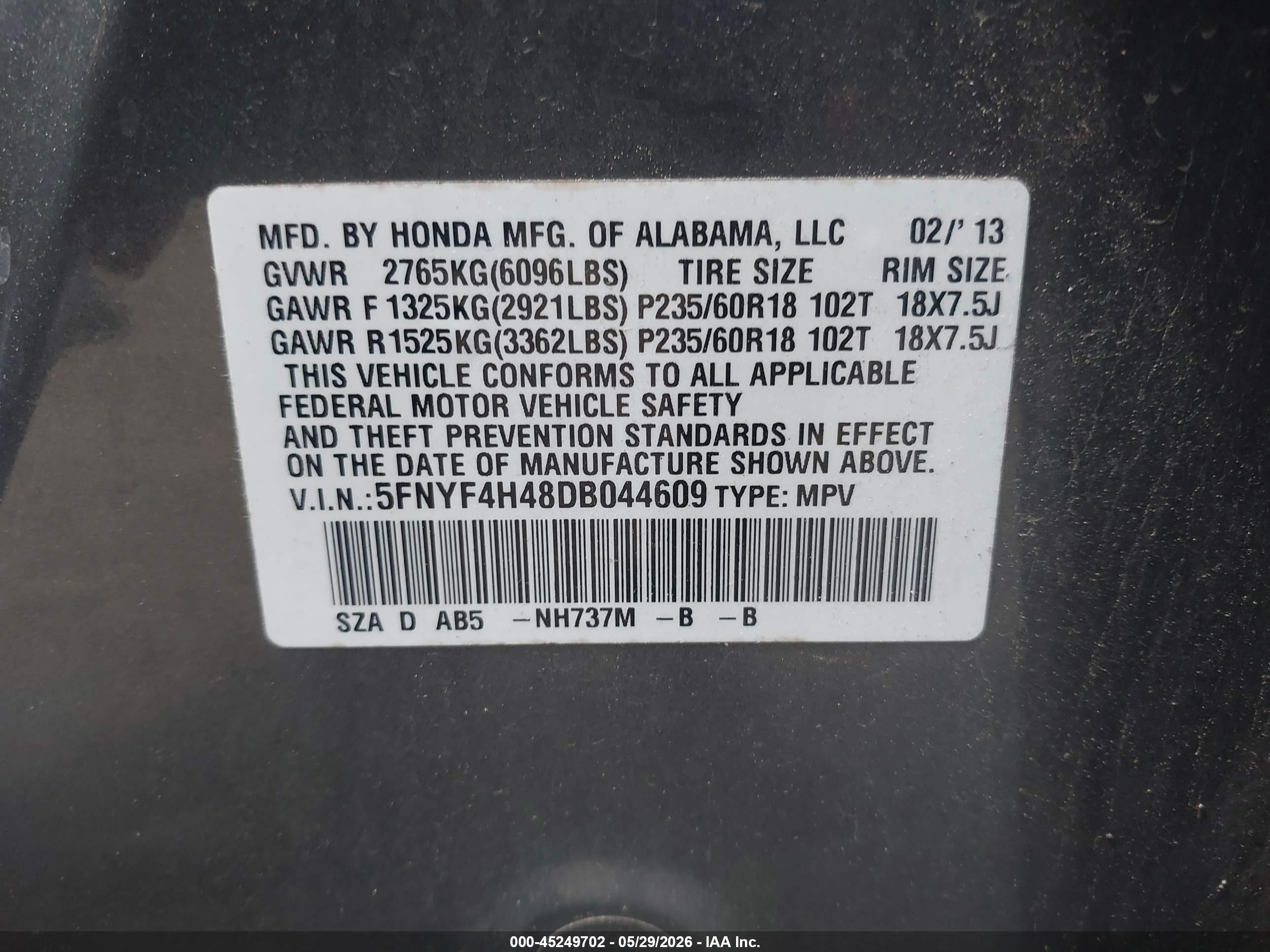 2013 Honda Pilot Ex Gray vin: 5FNYF4H48DB044609