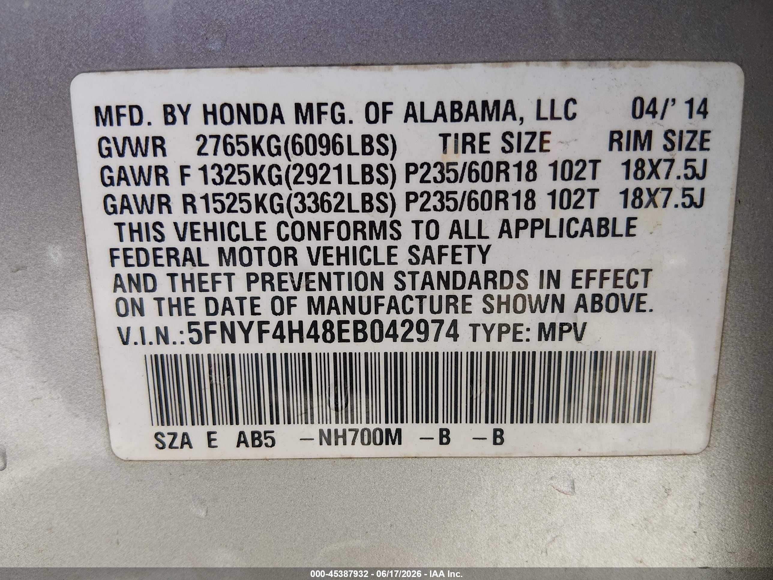 2014 Honda Pilot Ex Серый vin: 5FNYF4H48EB042974