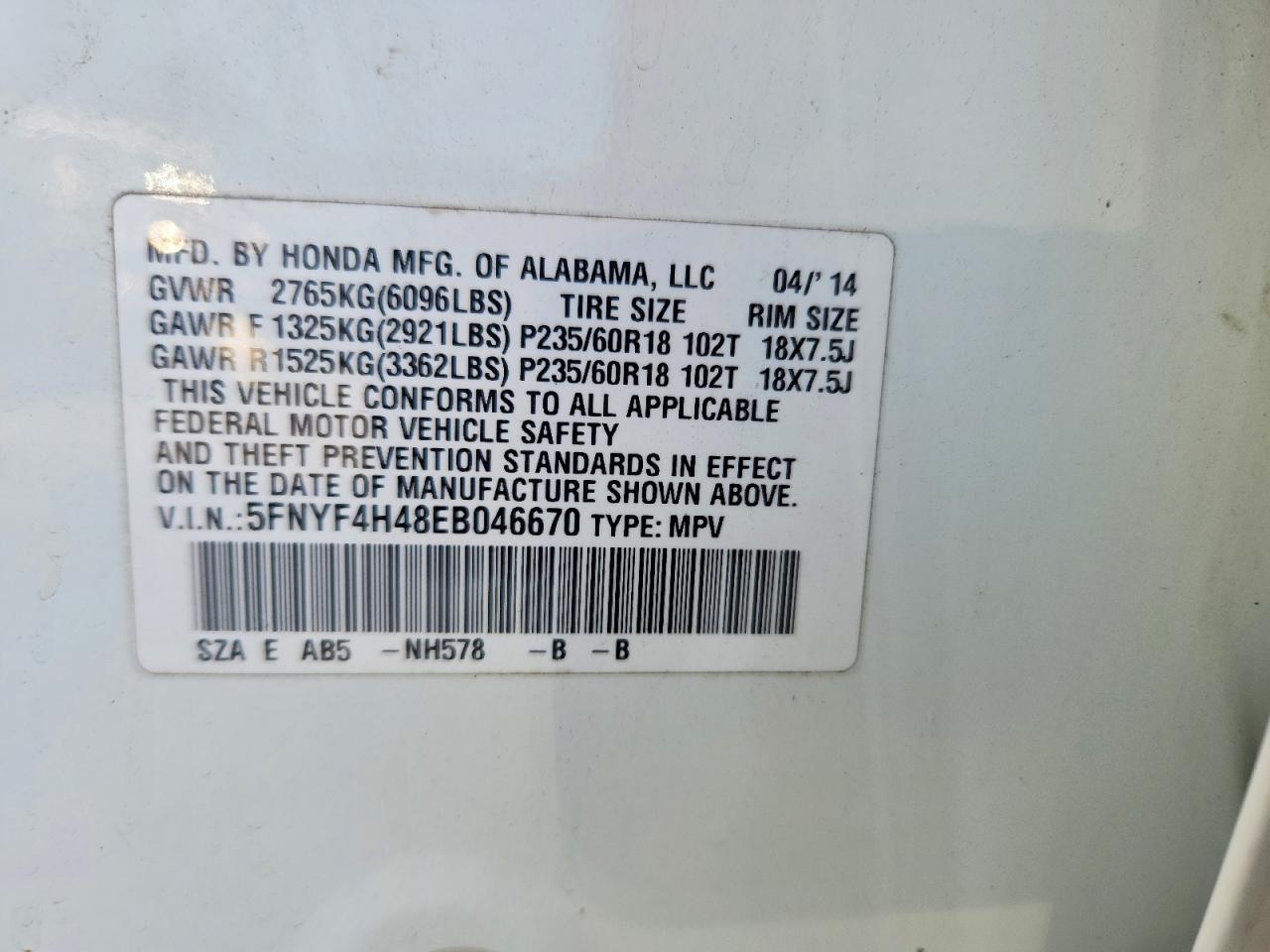 2014 Honda Pilot Ex White vin: 5FNYF4H48EB046670