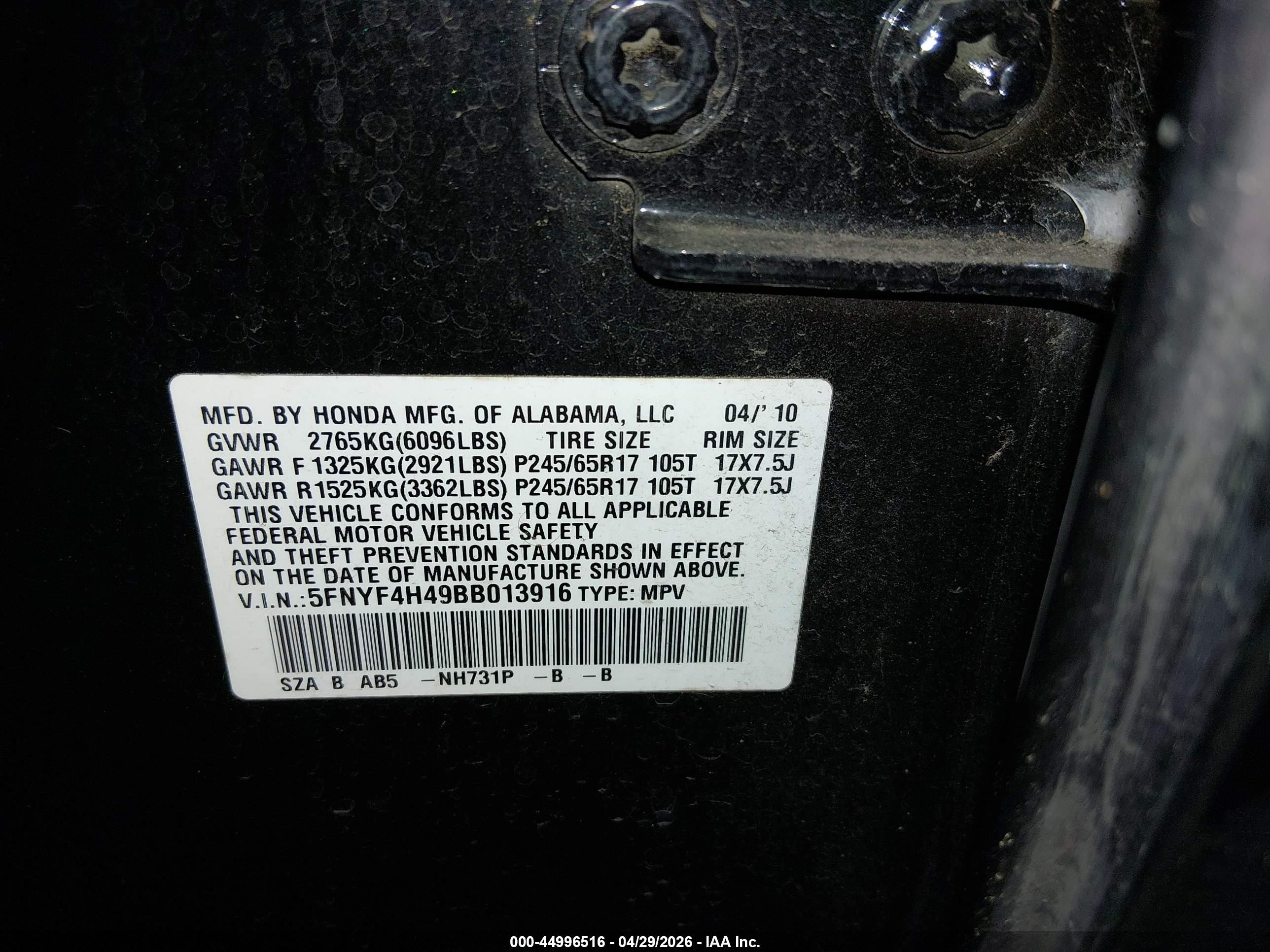 2011 Honda Pilot Ex Black vin: 5FNYF4H49BB013916