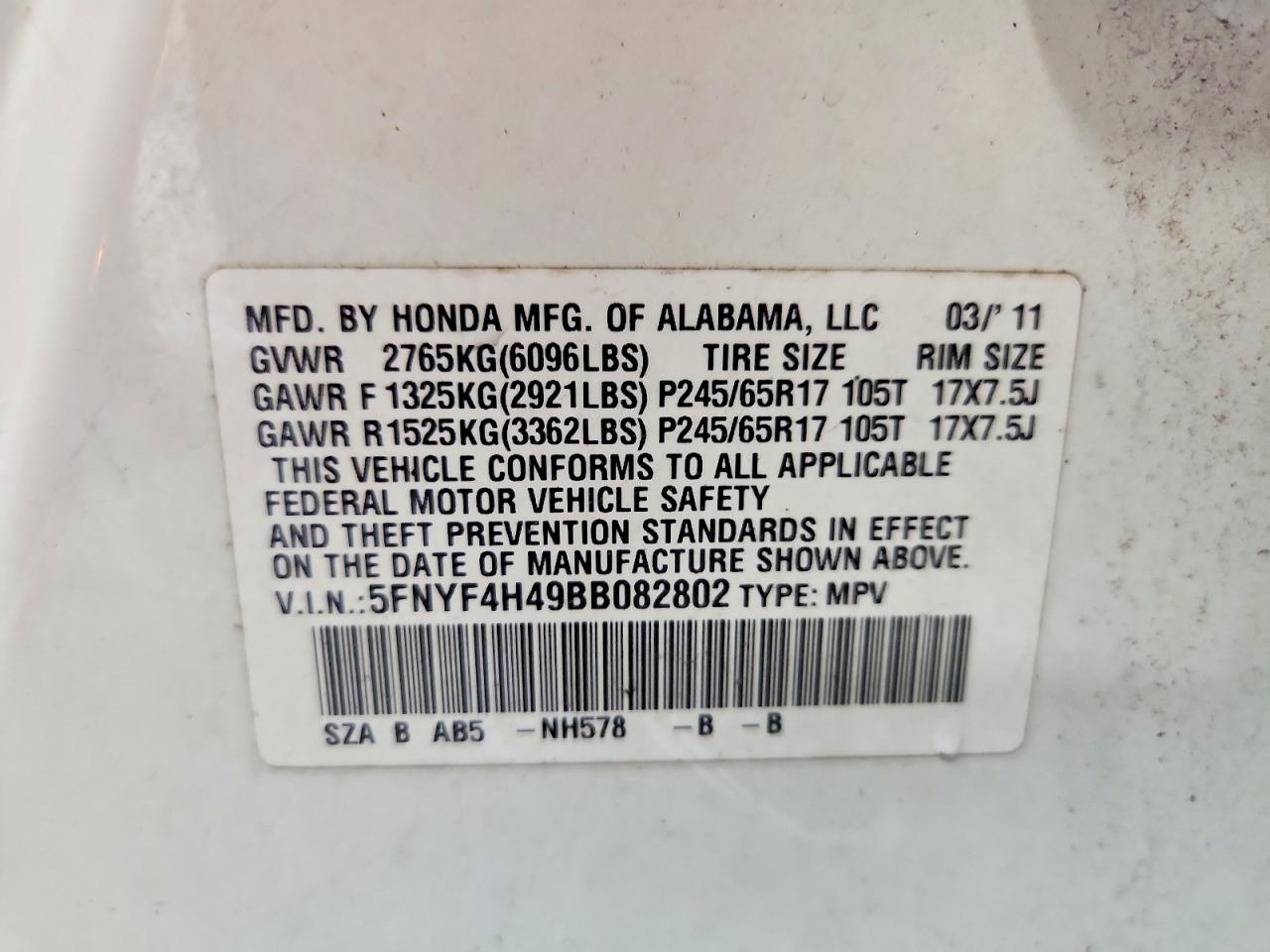 2011 Honda Pilot Ex White vin: 5FNYF4H49BB082802