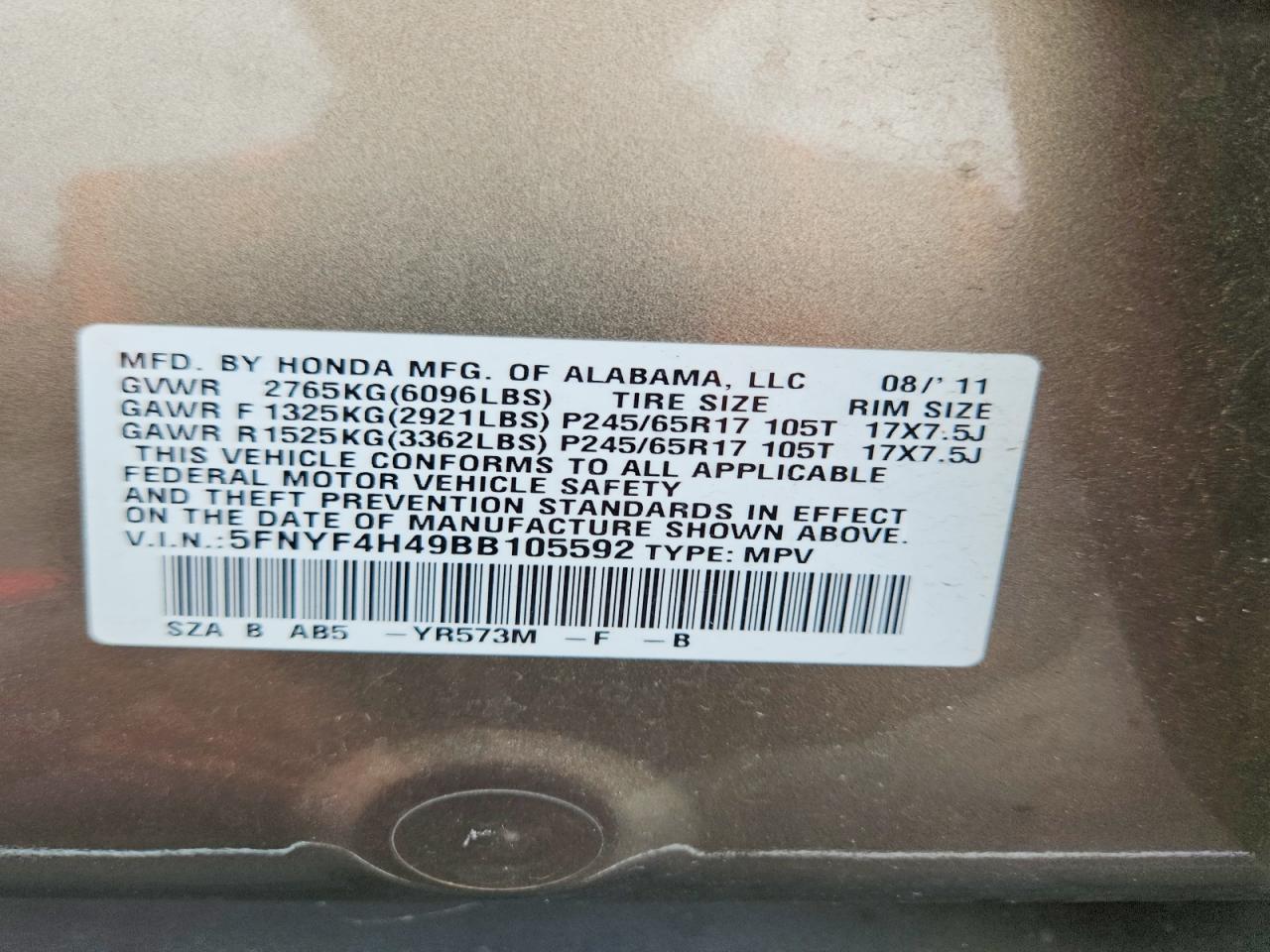 2011 Honda Pilot Ex Gold vin: 5FNYF4H49BB105592