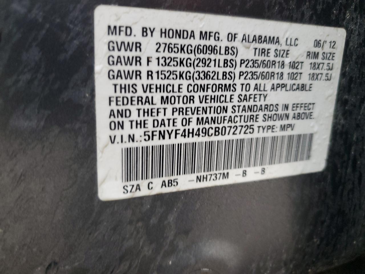 2012 Honda Pilot Ex Gray vin: 5FNYF4H49CB072725