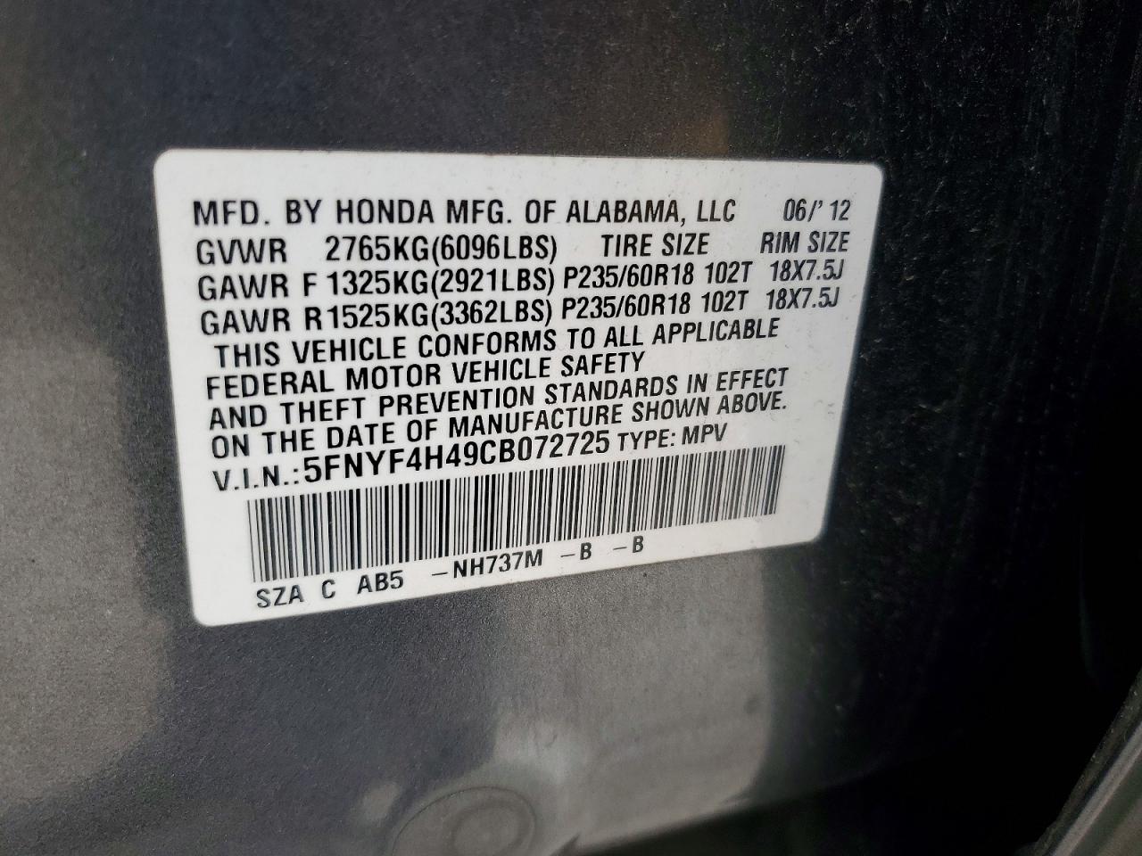 2012 Honda Pilot Ex Gray vin: 5FNYF4H49CB072725