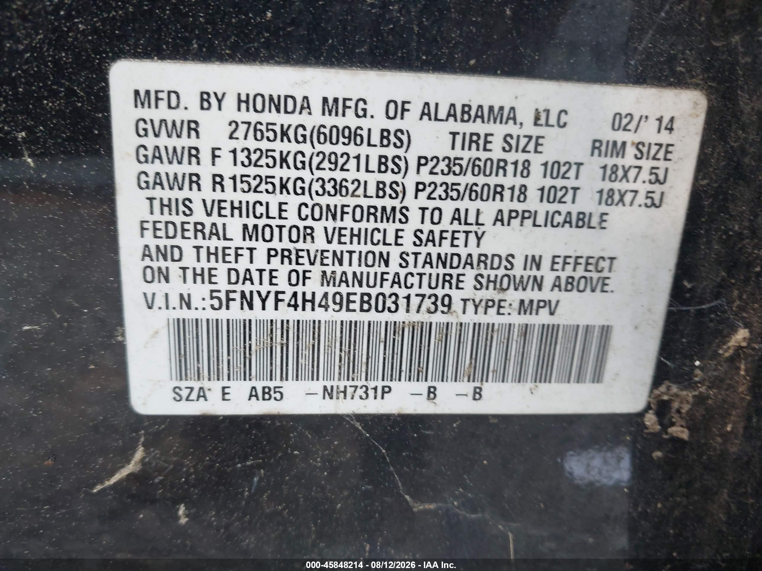 2014 Honda Pilot Ex Black vin: 5FNYF4H49EB031739