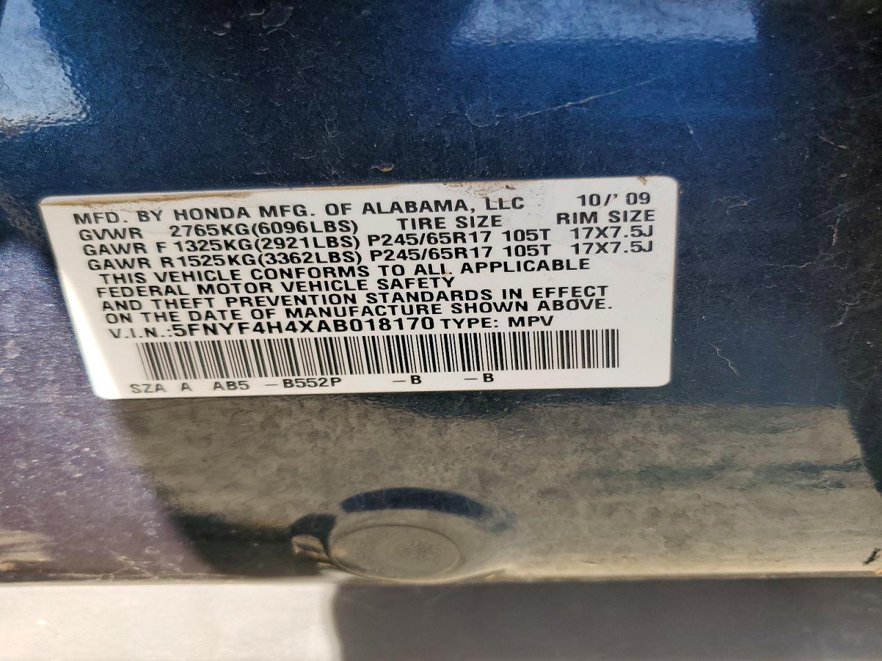2010 Honda Pilot Ex Blue vin: 5FNYF4H4XAB018170