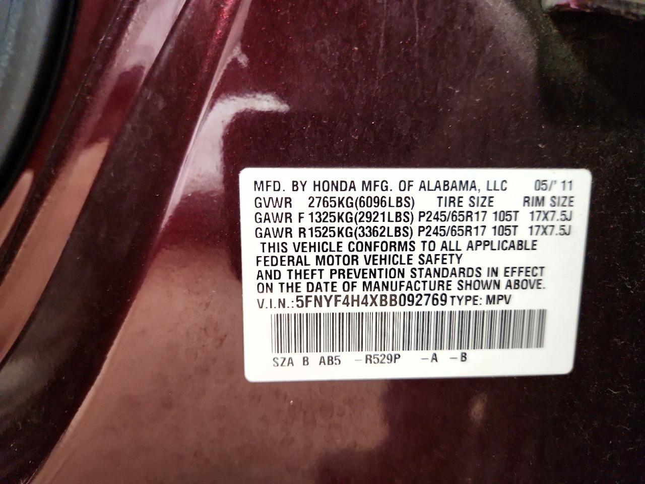 2011 Honda Pilot Ex Burgundy vin: 5FNYF4H4XBB092769