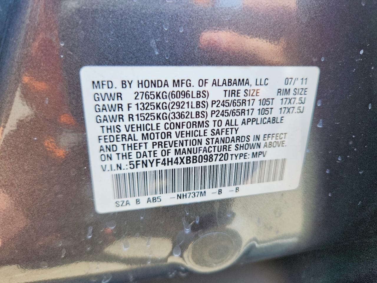 2011 Honda Pilot Ex Gray vin: 5FNYF4H4XBB098720