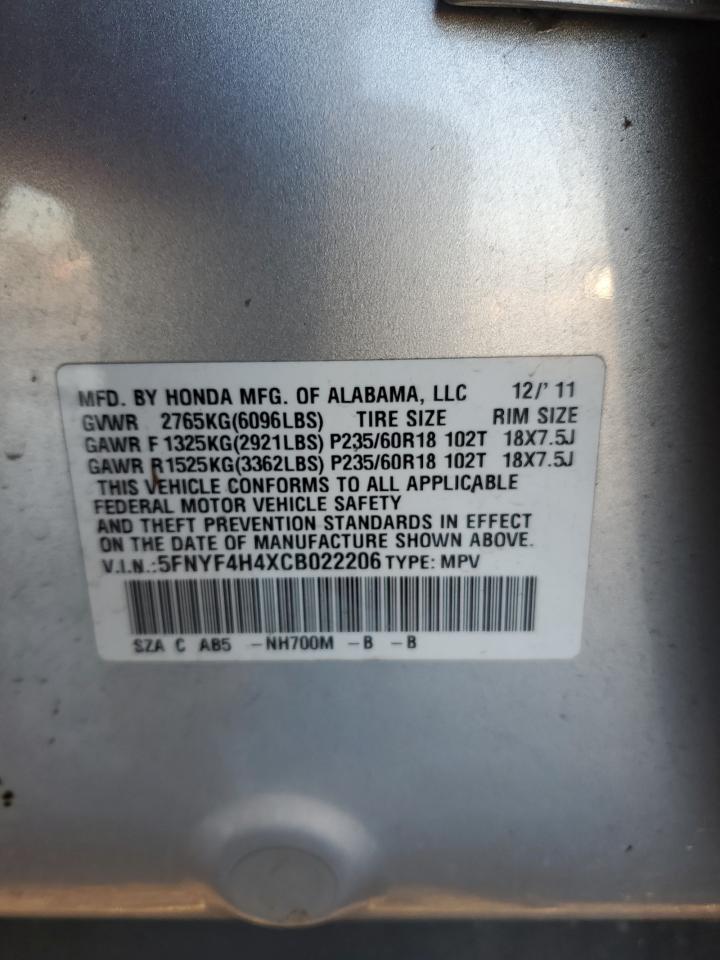 2012 Honda Pilot Silver vin: 5FNYF4H4XCB022206