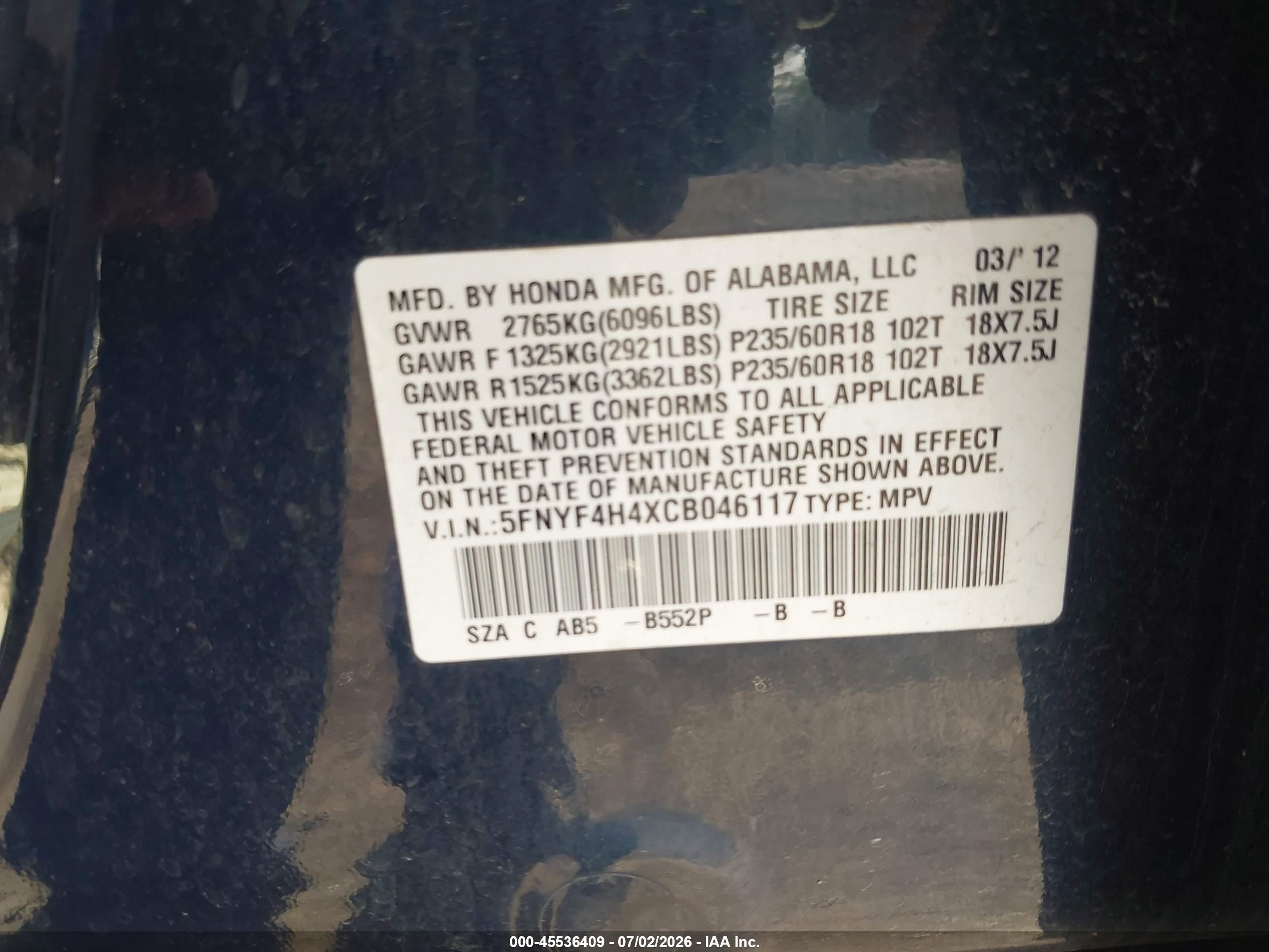 2012 Honda Pilot Ex Blue vin: 5FNYF4H4XCB046117