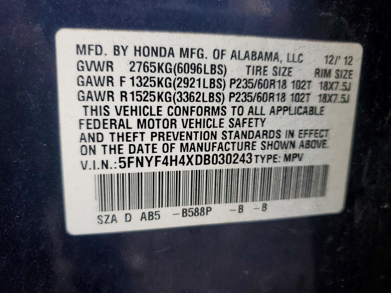 2013 Honda Pilot Ex Blue vin: 5FNYF4H4XDB030243