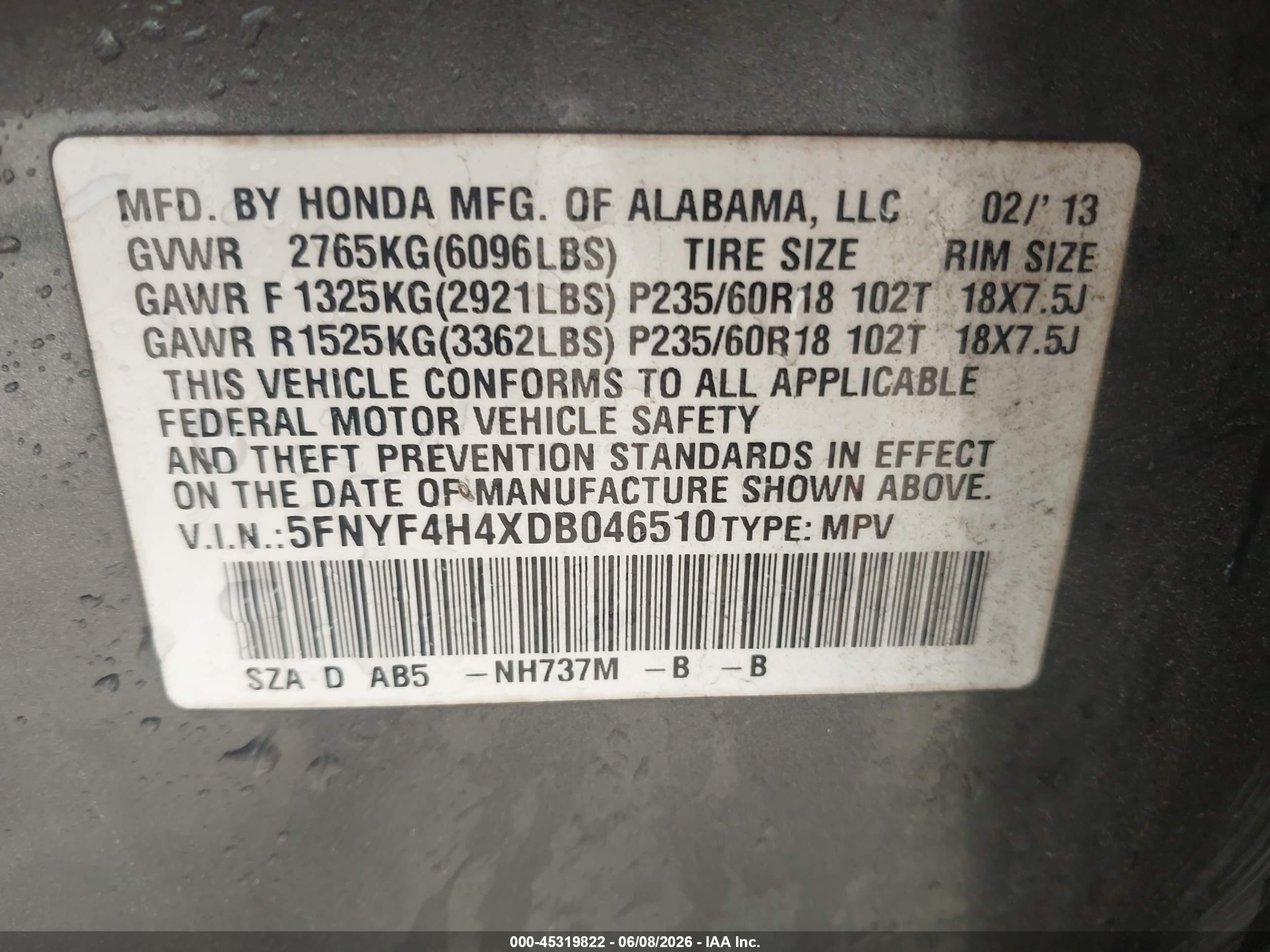 2013 Honda Pilot Ex Gray vin: 5FNYF4H4XDB046510