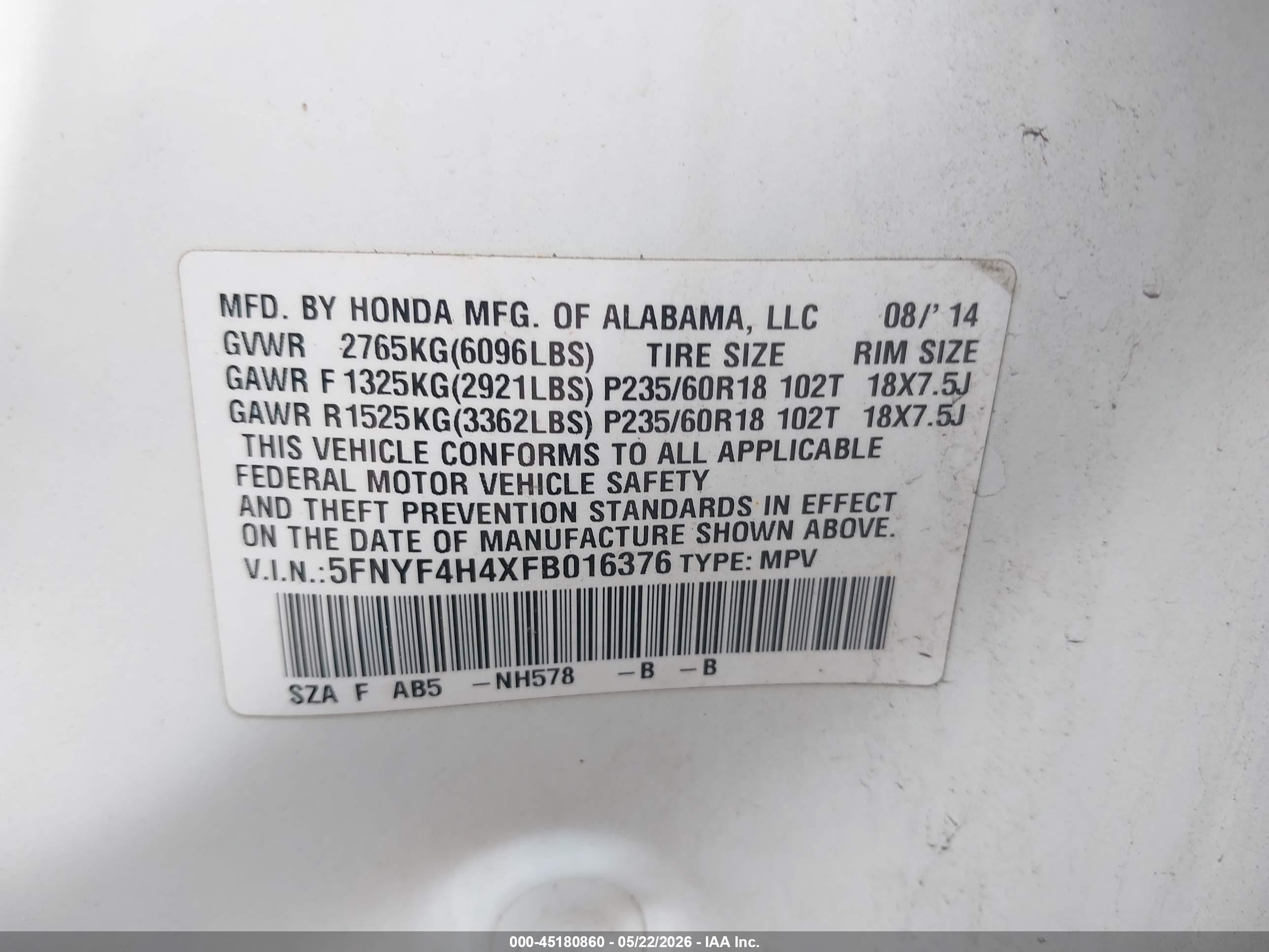 2015 Honda Pilot Ex Белый vin: 5FNYF4H4XFB016376